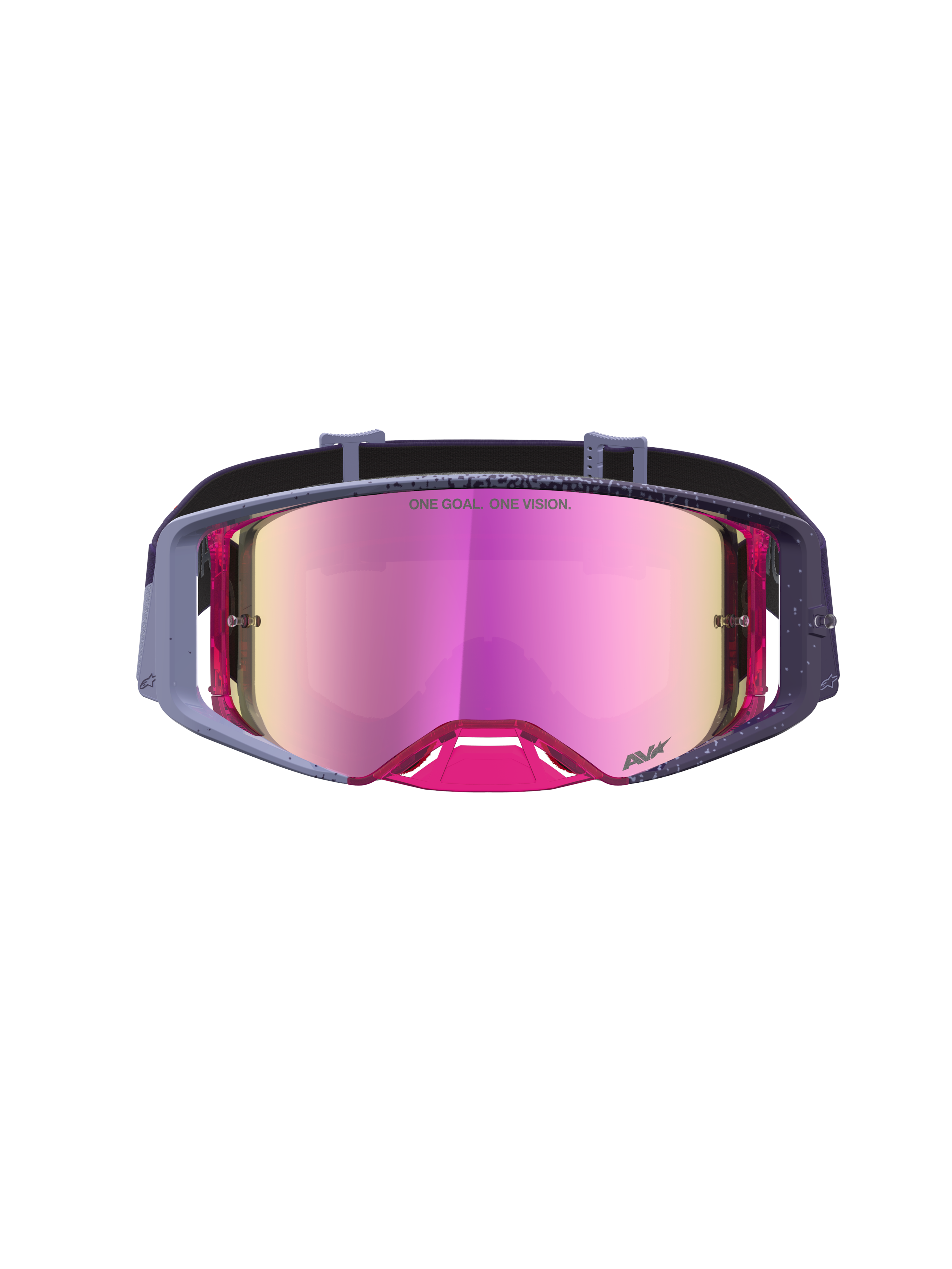 Alpinestars Supertech Hiten Motocross Goggles in purple and pink with a reflective mirror lens for professional racing.