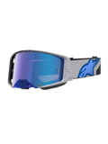 Alpinestars Supertech Hiten veiligheidsbril, professionele motorcrossbril in lichtgrijs en blauw met een spiegelvizier.