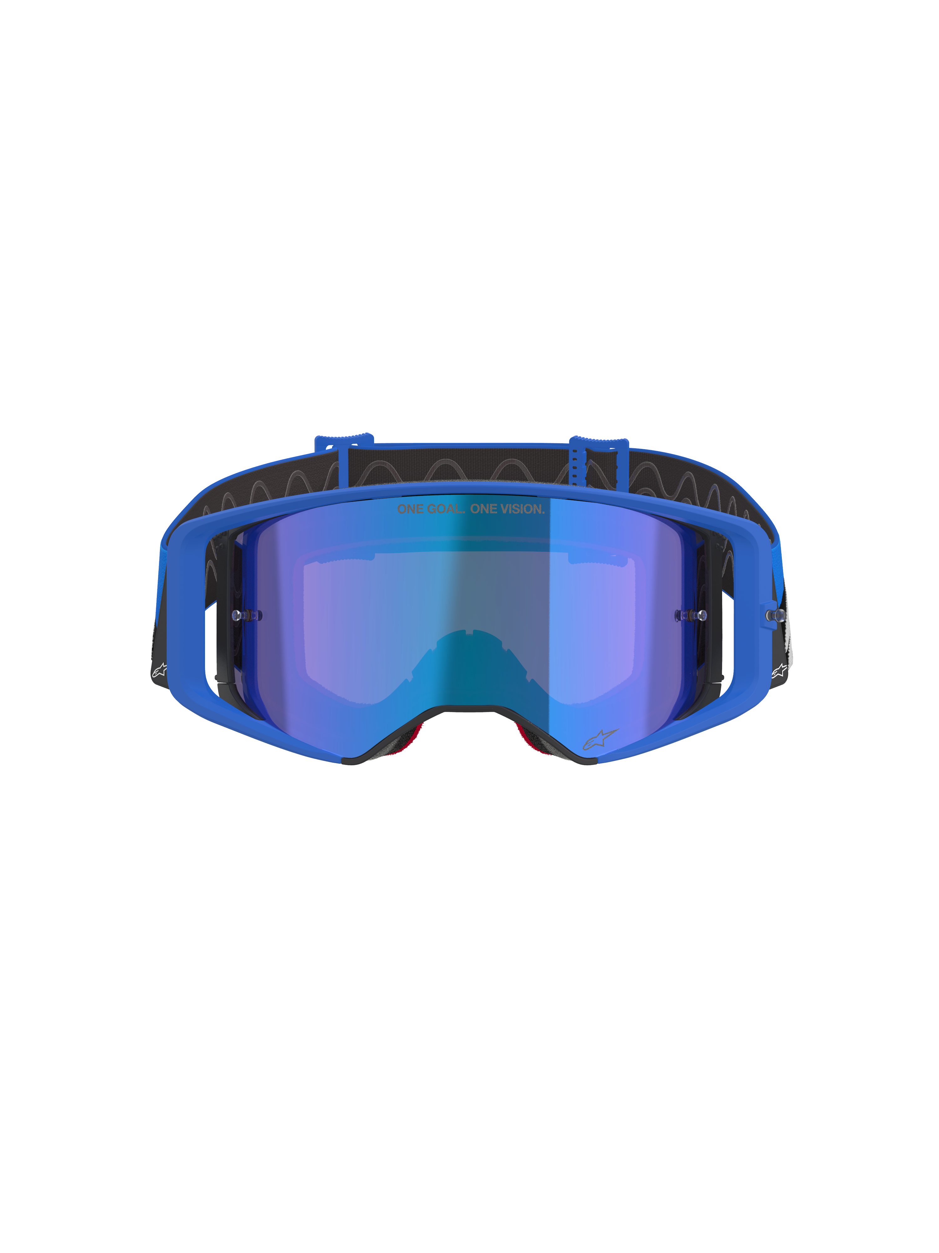 Alpinestars Supertech Stream Goggles, Motocross Goggles, Blue Mirror lens with Blue frame, front-facing view, black strap with white logo, featuring 'ONE GOAL... ONE VISION.' text on the lens, high-performance off-road racing eyewear