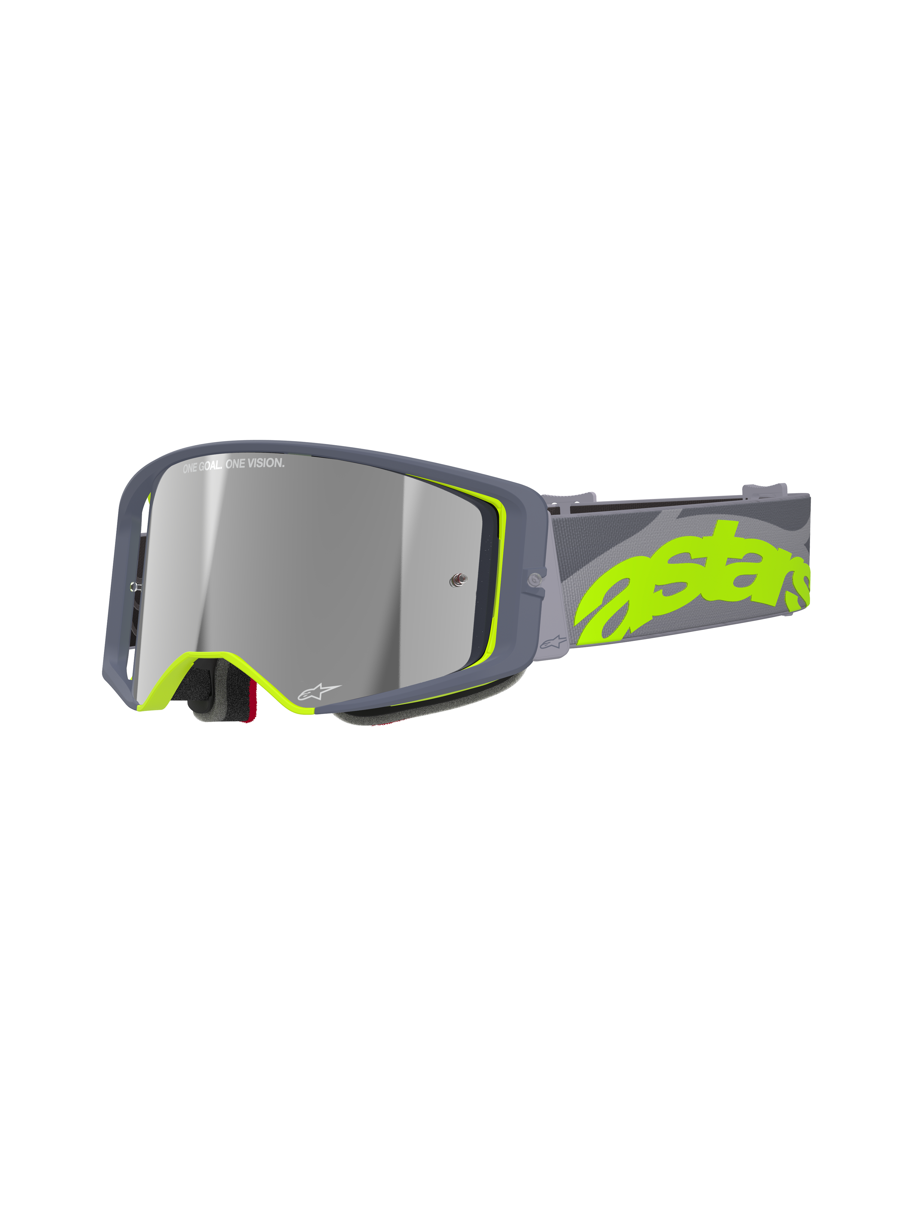 Alpinestars Supertech Stream Goggles, motorcrossbril, grijs en fluogeel, Mirror Silver reflecterende lens, breed hoekig frame met schuimvulling, verstelbare band met opvallende neon branding