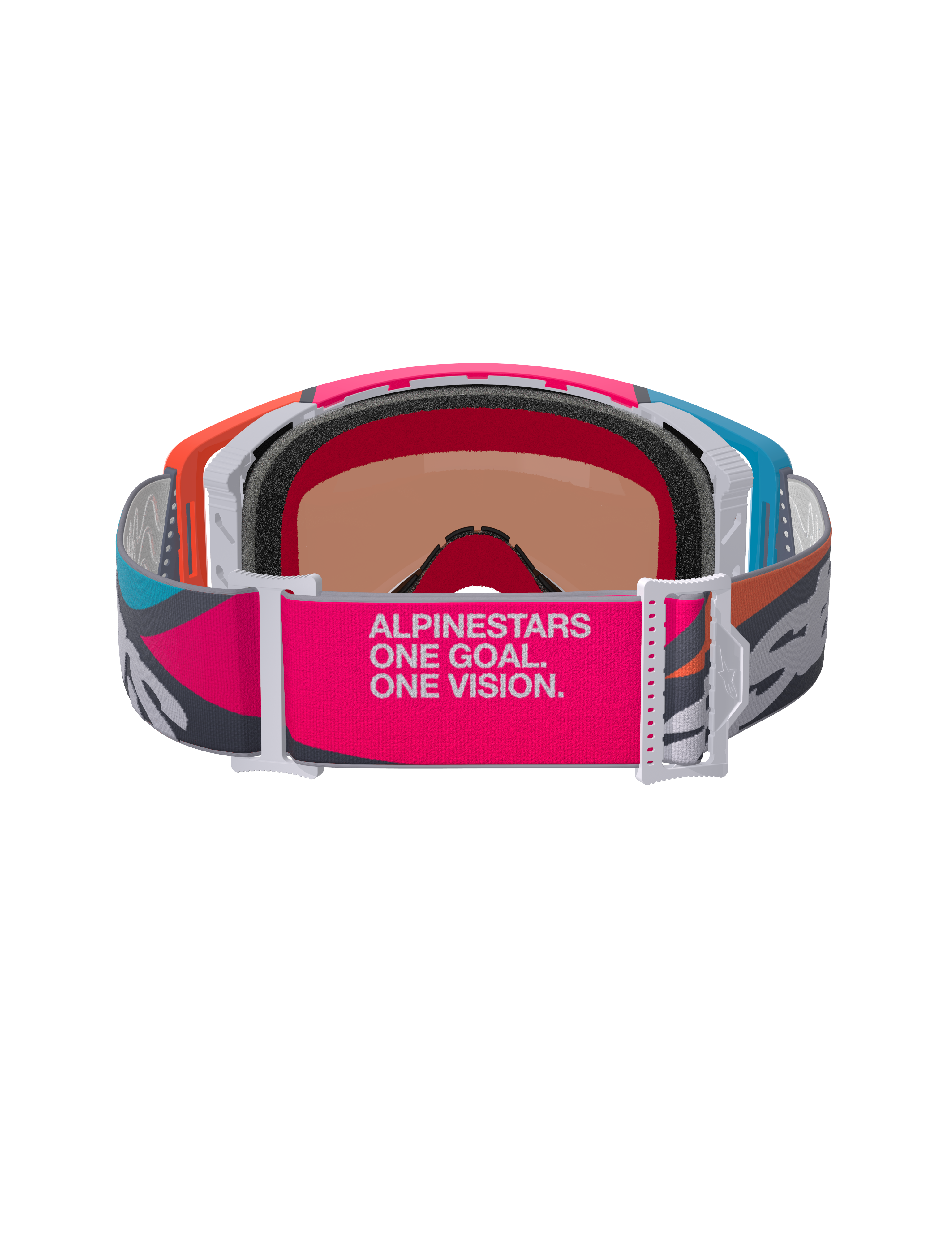 Alpinestars Supertech Stream crossbril, achteraanzicht met brede roze en grijze band met 'ALPINESTARS ONE GOAL. ONE VISION.' branding, meerkleurig frame in oranje en blauw, 3D-gevormd gezichtsschuim, professionele motorcross- en off-road bril