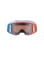 Alpinestars Supertech Stream Goggles, motorcrossbril, levendig veelkleurig frame met blauwe, oranje en roze accenten, Silver Mirror lens met 'ONE GOAL. ONE VISION.' tekst, witte band met patroon, hoogwaardige oogbescherming voor off-road racen