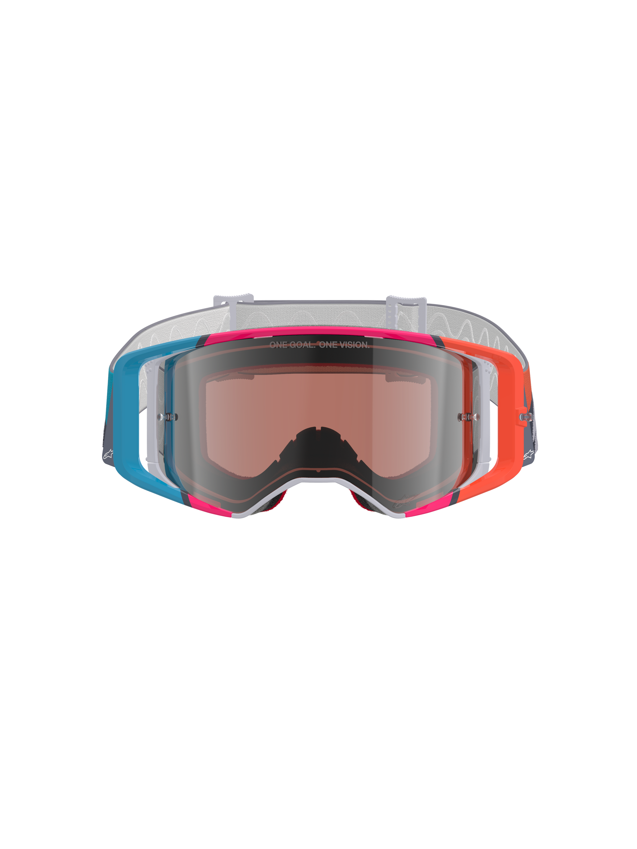 Alpinestars Supertech Stream Goggles, motorcrossbril, levendig veelkleurig frame met blauwe, oranje en roze accenten, Silver Mirror lens met 'ONE GOAL. ONE VISION.' tekst, witte band met patroon, hoogwaardige oogbescherming voor off-road racen
