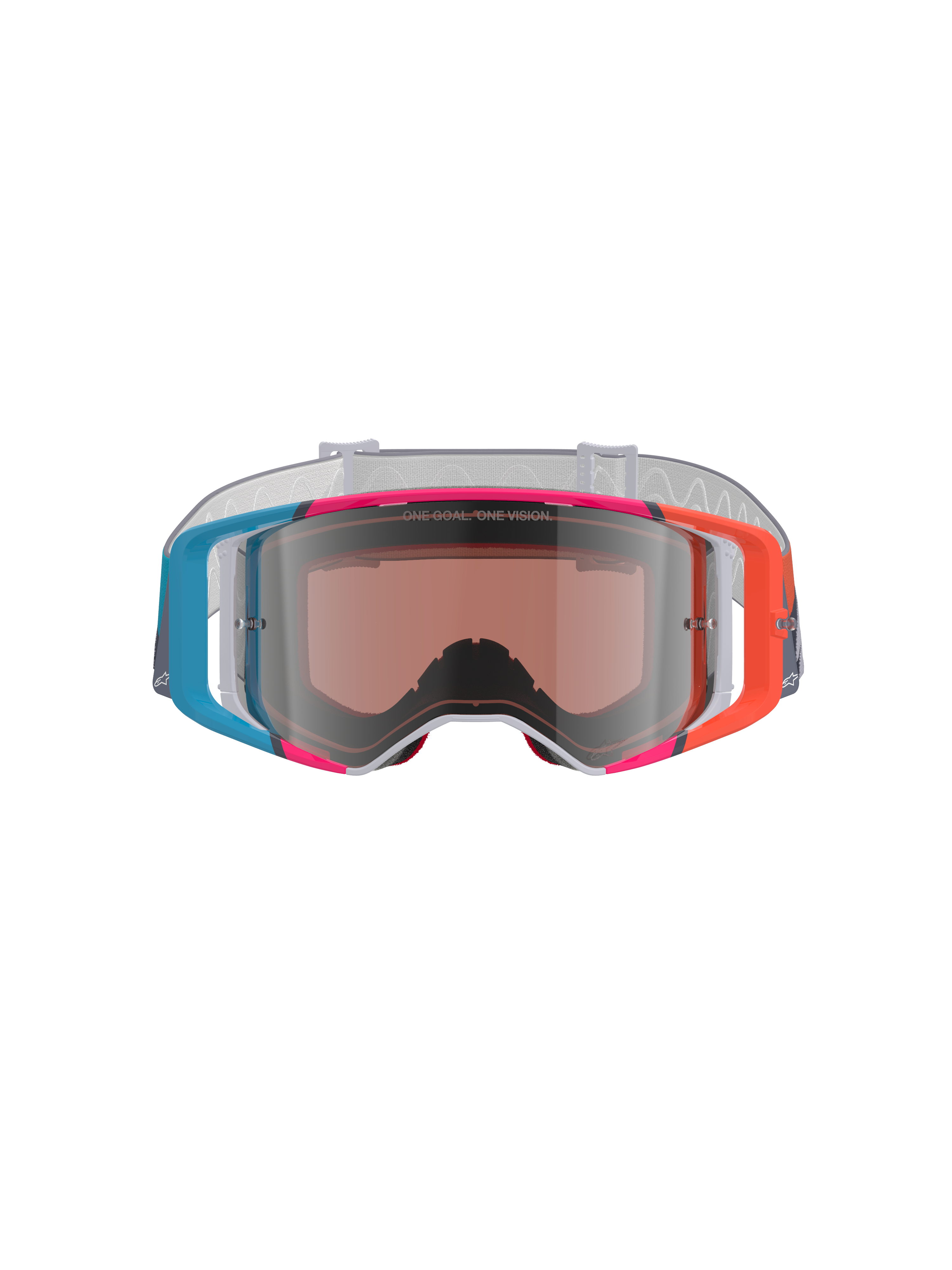 Alpinestars Supertech Stream Goggles, motorcrossbril, levendig veelkleurig frame met blauwe, oranje en roze accenten, Silver Mirror lens met 'ONE GOAL. ONE VISION.' tekst, witte band met patroon, hoogwaardige oogbescherming voor off-road racen