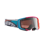 Alpinestars Supertech Stream crossbril, motorcrossbril, grijs frame met blauwe en roze accenten, Silver Multi Mirror lens, petrolblauwe en grijze band met opvallende witte branding, hoogwaardige off-road racebril