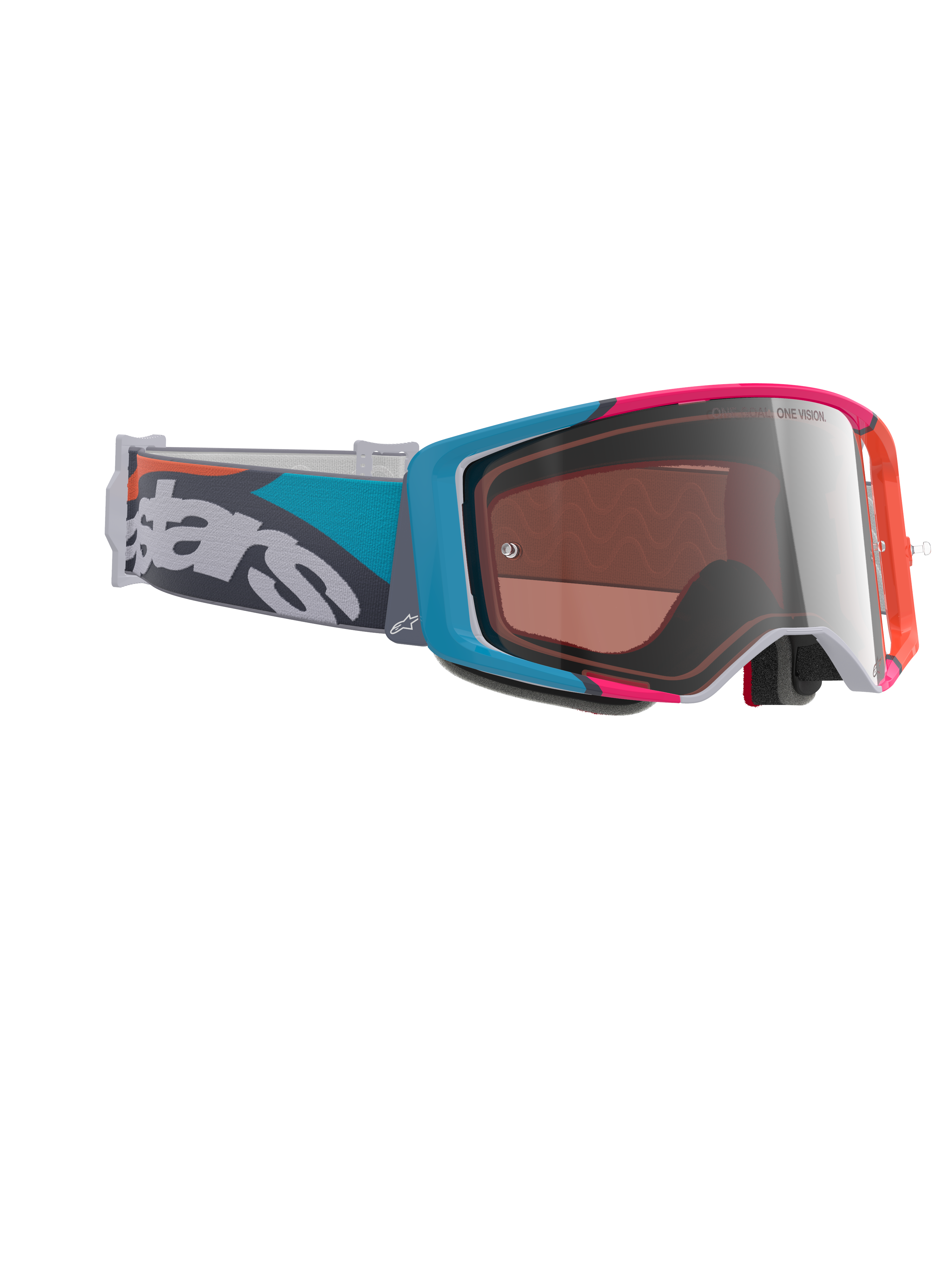 Alpinestars Supertech Stream crossbril, motorcrossbril, grijs frame met blauwe en roze accenten, Silver Multi Mirror lens, petrolblauwe en grijze band met opvallende witte branding, hoogwaardige off-road racebril