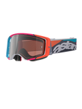 Alpinestars Supertech Stream crossbril, grijs frame met levendige rode en blauwe accenten, Multi Mirror Silver lens, dikke schuimvulling, verstelbare band met opvallende witte 'astars' branding en kleurrijke geometrische patronen, professionele motorcross oogbescherming.