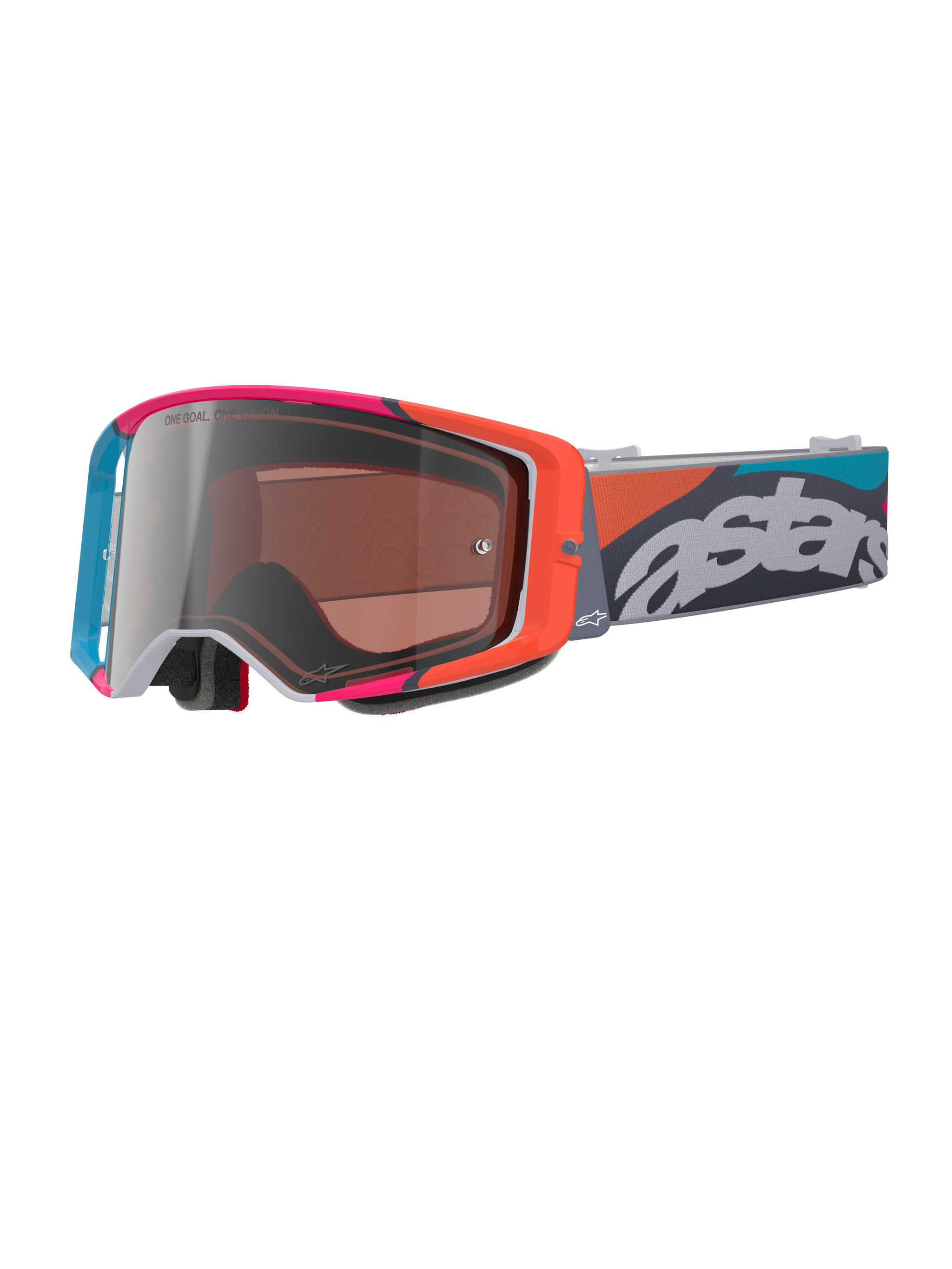 Alpinestars Supertech Stream crossbril, grijs frame met levendige rode en blauwe accenten, Multi Mirror Silver lens, dikke schuimvulling, verstelbare band met opvallende witte 'astars' branding en kleurrijke geometrische patronen, professionele motorcross oogbescherming.