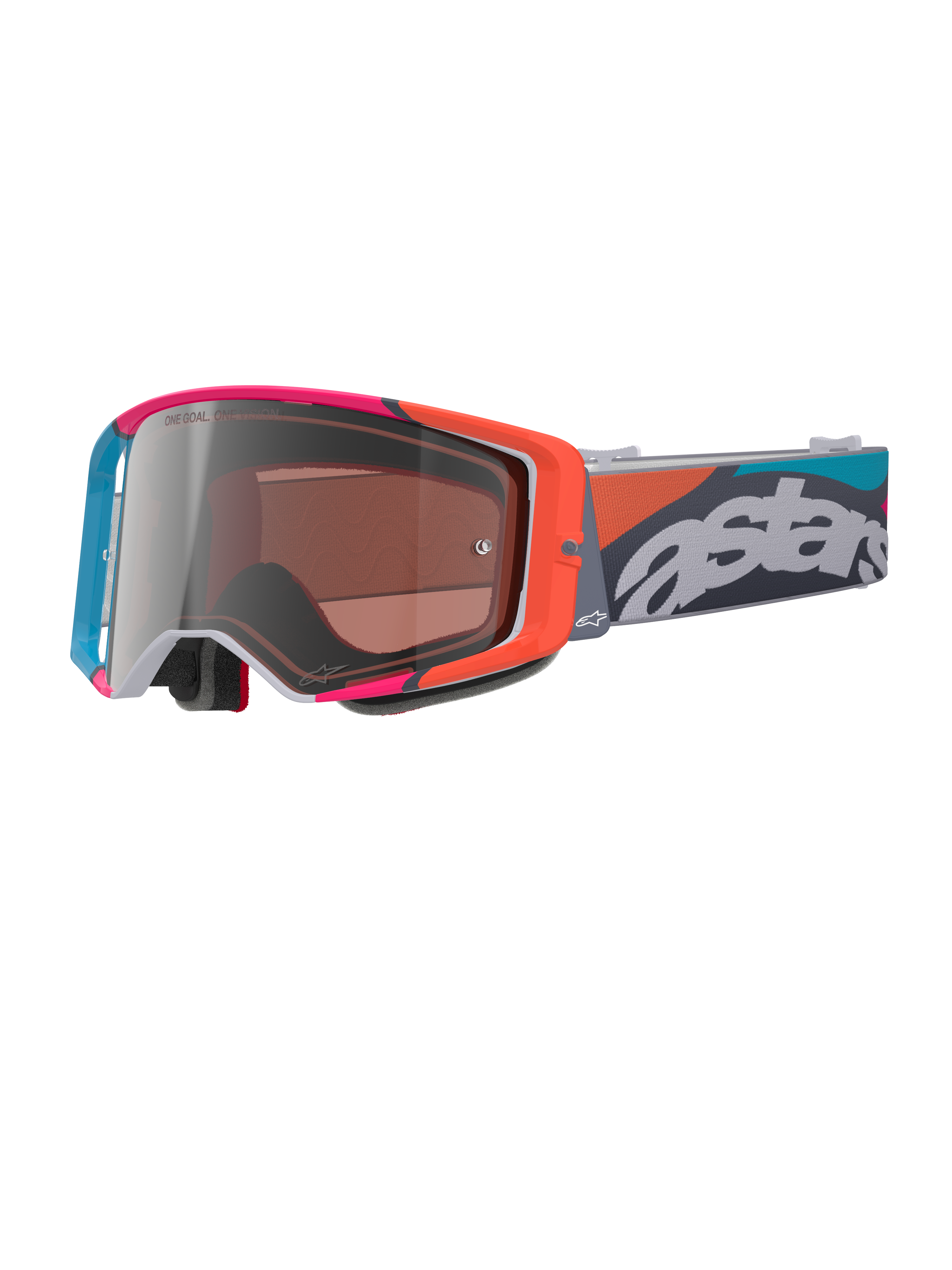 Alpinestars Supertech Stream crossbril, grijs frame met levendige rode en blauwe accenten, Multi Mirror Silver lens, dikke schuimvulling, verstelbare band met opvallende witte 'astars' branding en kleurrijke geometrische patronen, professionele motorcross oogbescherming.