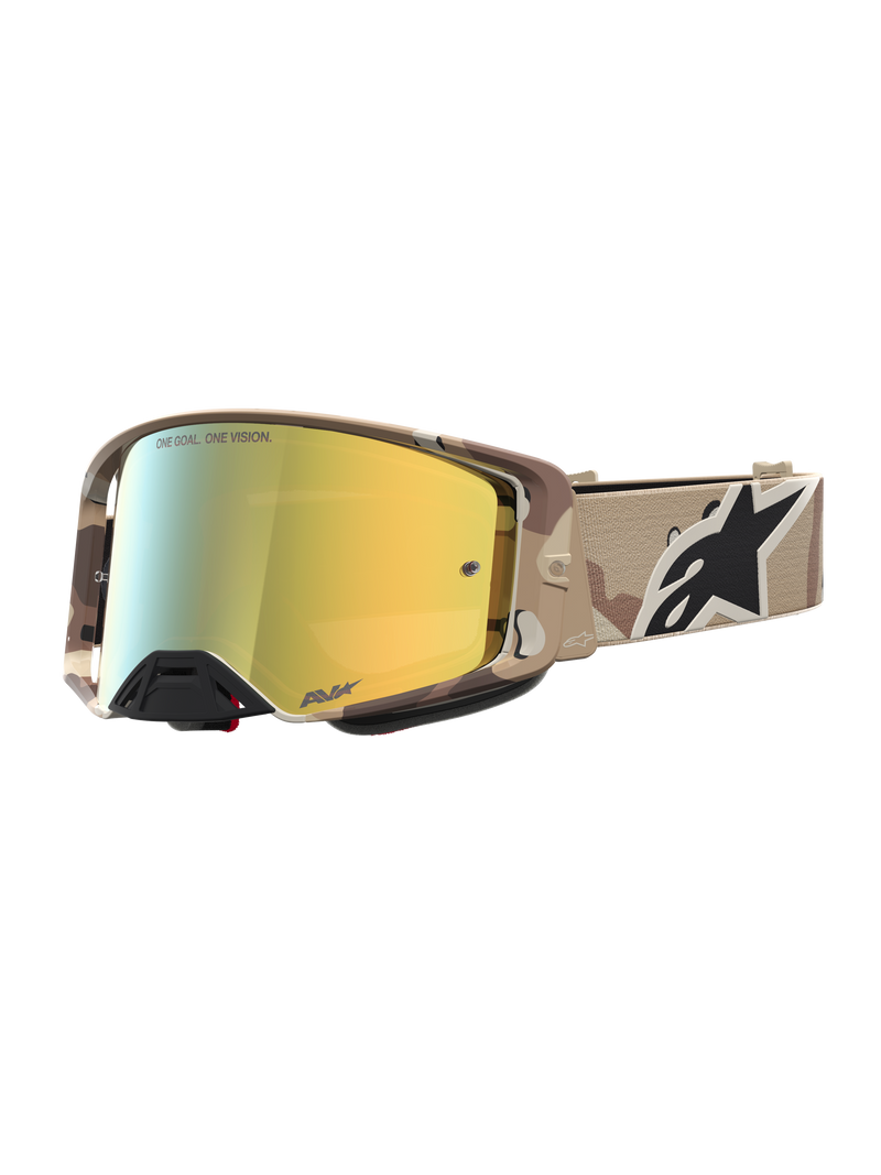 Alpinestars Supertech Lone veiligheidsbril, motorcrossbril in zandcamouflage met goudkleurig spiegelvizier voor off-road gebruik.