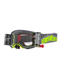Alpinestars Supertech Stream crossbril, motorcross goggle, grijs en fluogeel, voorzien van een heldere lens met een geïntegreerd Wide Vision Roll-Off systeem, canisters aan beide zijden met een rode trekknop, gegolfde siliconen glijlijnen, verstelbare grijze band met groot neongeel astars-logo, hoogwaardige oogbescherming voor off-road racing
