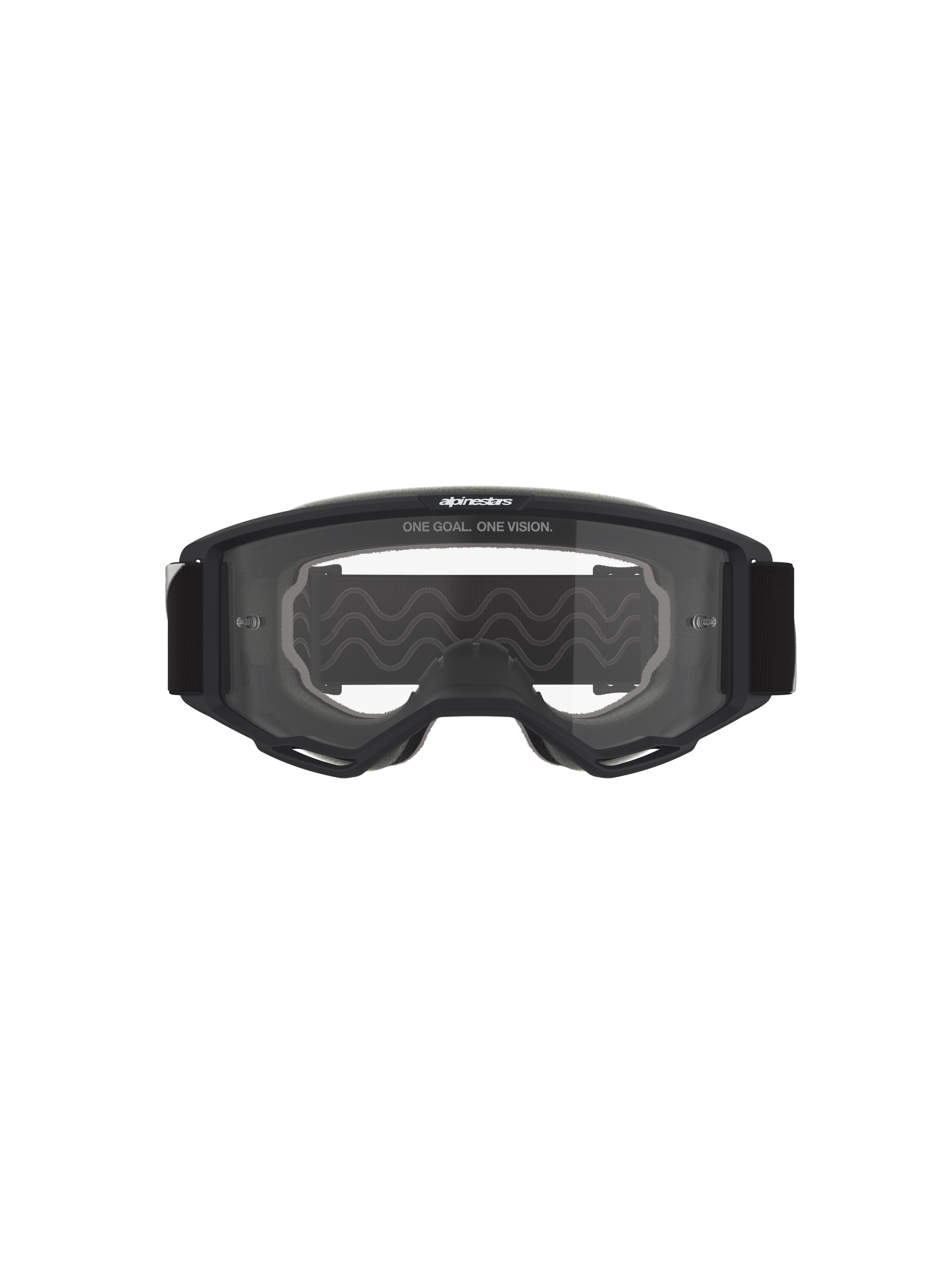 Alpinestars Vision Goggles OTG, Motocross Goggles, Black frame with clear lens, front view featuring 'ONE GOAL. ONE VISION.' text and brand logo, deep volume structure for prescription glasses compatibility