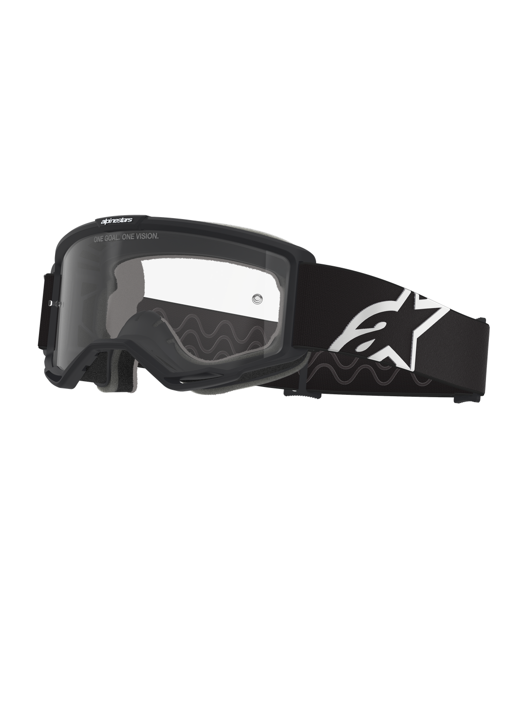 Alpinestars Vision Goggles OTG, motorcrossbril, zwart en grijs met heldere lens, brede zwarte geweven band met wit Alpinestars-logo, frame met groot volume ontworpen voor brildragers, beschermende bril voor off-road rijden