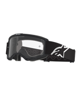 Alpinestars Vision Goggles OTG, Motocross Goggles, Black and Grey with Clear lens, wide black woven strap featuring white Alpinestars logo, deep volume frame designed for prescription glasses, protective eyewear for off-road riding