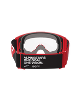 Alpinestars Vision Goggles OTG, Motocross Goggles, Red and Black with Clear Lens, back view showing black strap with 'ALPINESTARS ONE GOAL. ONE VISION.' text, thick multi-layer face foam, and red flexible frame for over-the-glasses fit