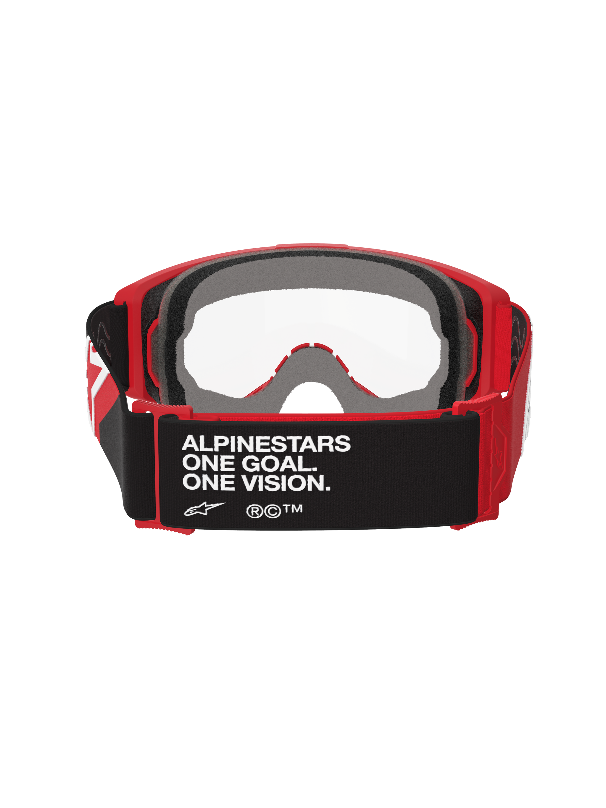 Alpinestars Vision Goggles OTG, Motocross Goggles, Red and Black with Clear Lens, back view showing black strap with 'ALPINESTARS ONE GOAL. ONE VISION.' text, thick multi-layer face foam, and red flexible frame for over-the-glasses fit