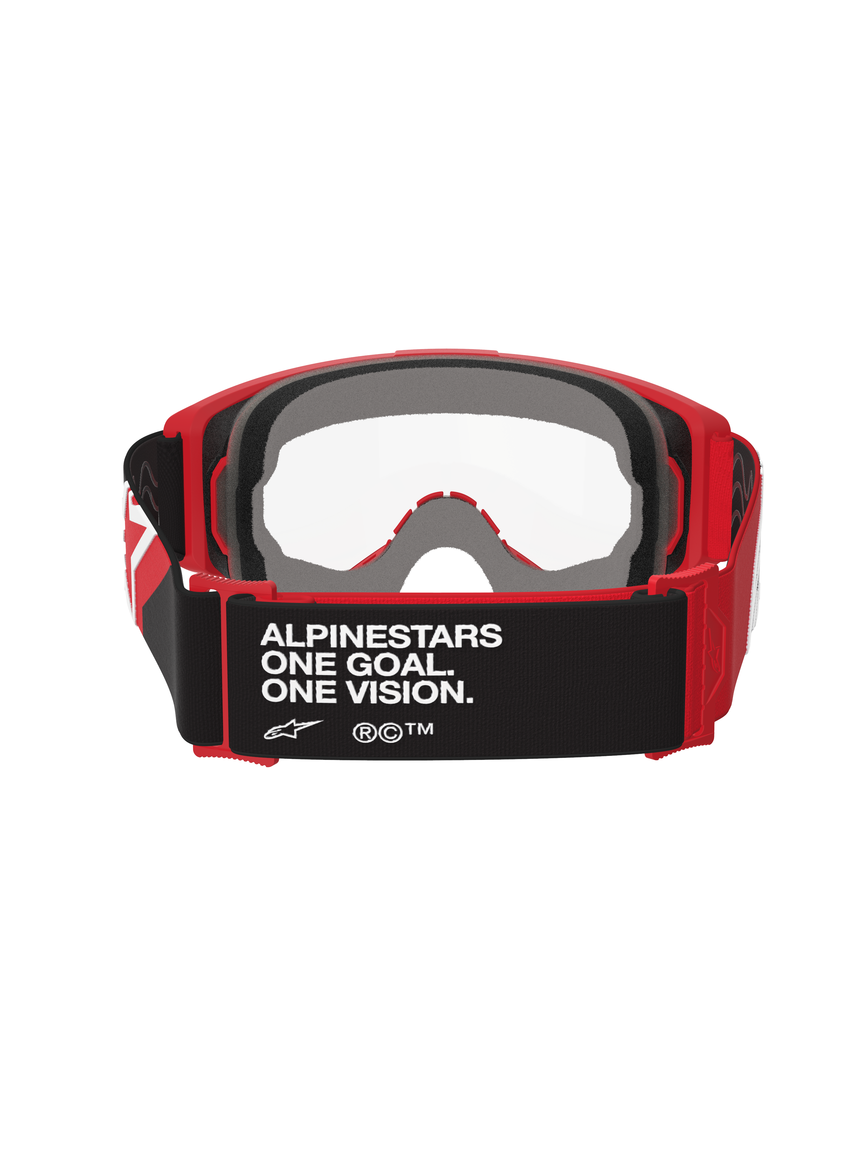 Alpinestars Vision Goggles OTG, Motocross Goggles, Red and Black with Clear Lens, back view showing black strap with 'ALPINESTARS ONE GOAL. ONE VISION.' text, thick multi-layer face foam, and red flexible frame for over-the-glasses fit