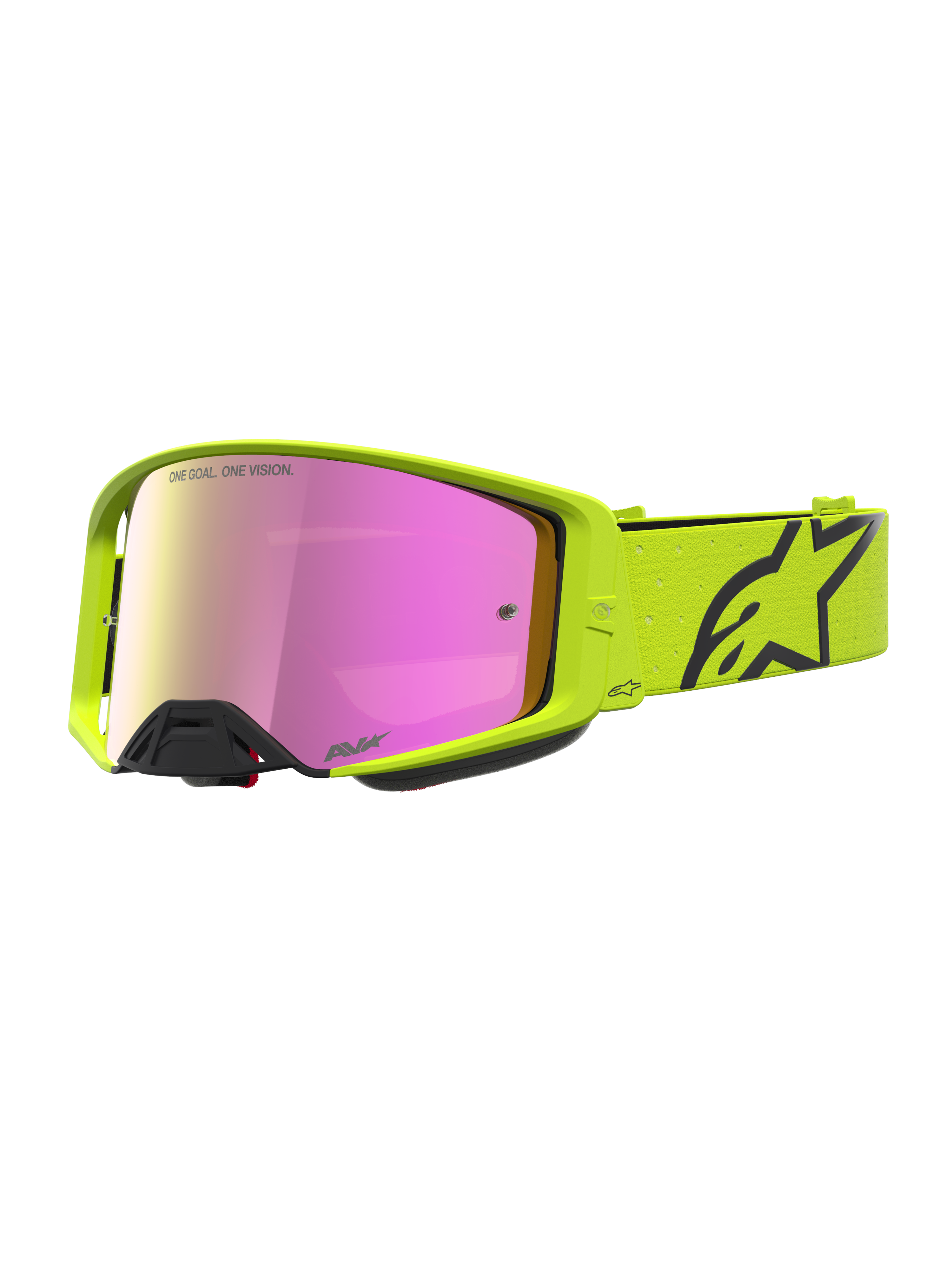 Alpinestars Supertech Vesta Motocross Goggles in Yellow Fluo and Black with a protective Pink Mirror lens for off-road riding.