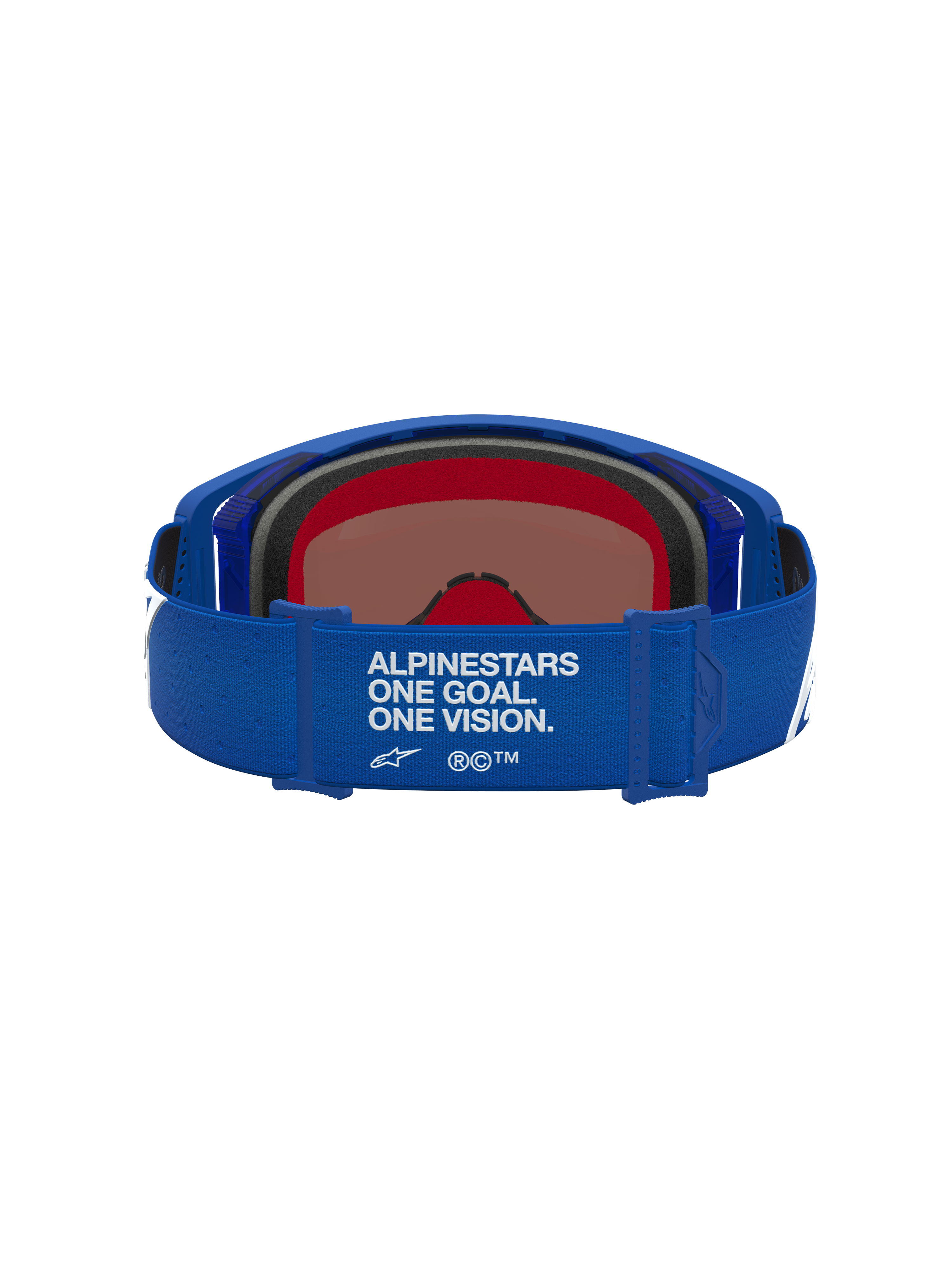 Alpinestars Supertech Vesta Goggles in blue and white for motocross, featuring a branded strap and mirror blue lens.