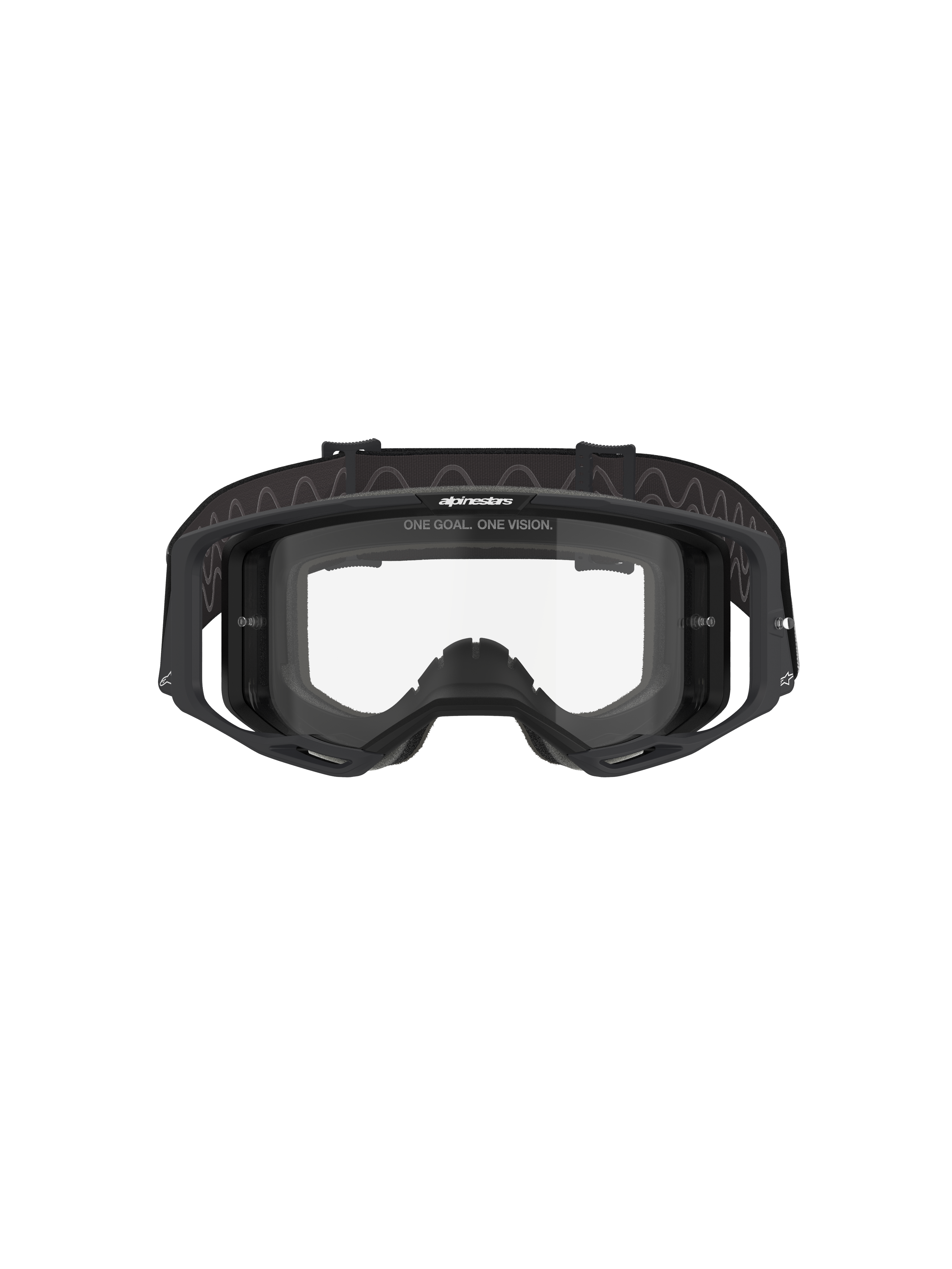 Alpinestars Vision 8 Corp Goggles, Motocross Goggles, Black frame with Clear lens, front view showing the wide-view design, integrated outriggers, and woven strap with Alpinestars branding, professional off-road racing eye protection
