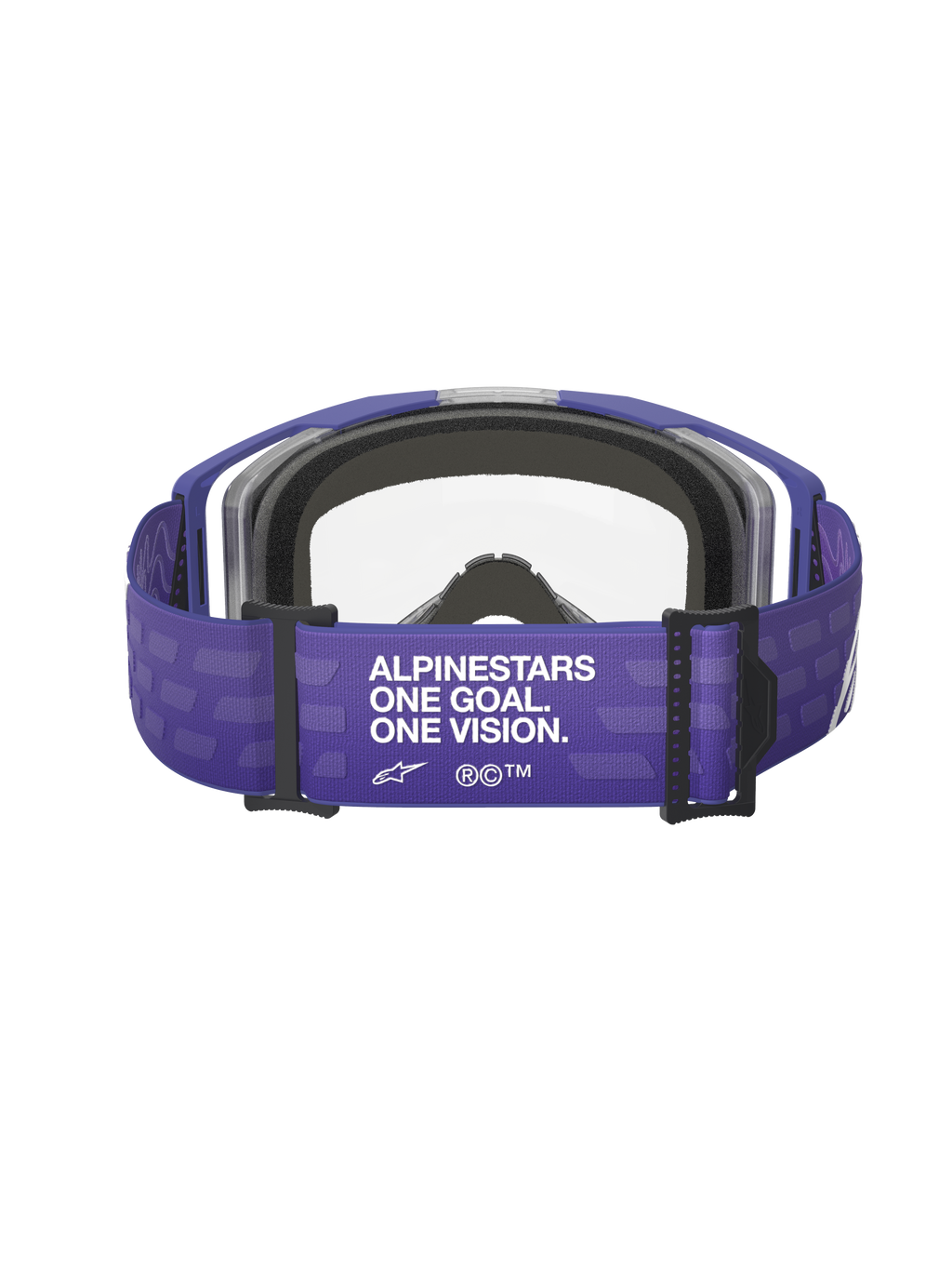 Alpinestars Vision 8 Corp Goggles, motocrossbril, Purple Clear, achteraanzicht met paarse band voorzien van 'ALPINESTARS ONE GOAL. ONE VISION.' branding, heldere lens en zwarte schuimvulling, off-road race-uitrusting