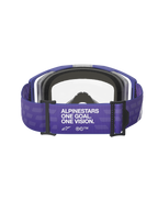 Alpinestars Vision 8 Corp Goggles, motocrossbril, Purple Clear, achteraanzicht met paarse band voorzien van 'ALPINESTARS ONE GOAL. ONE VISION.' branding, heldere lens en zwarte schuimvulling, off-road race-uitrusting