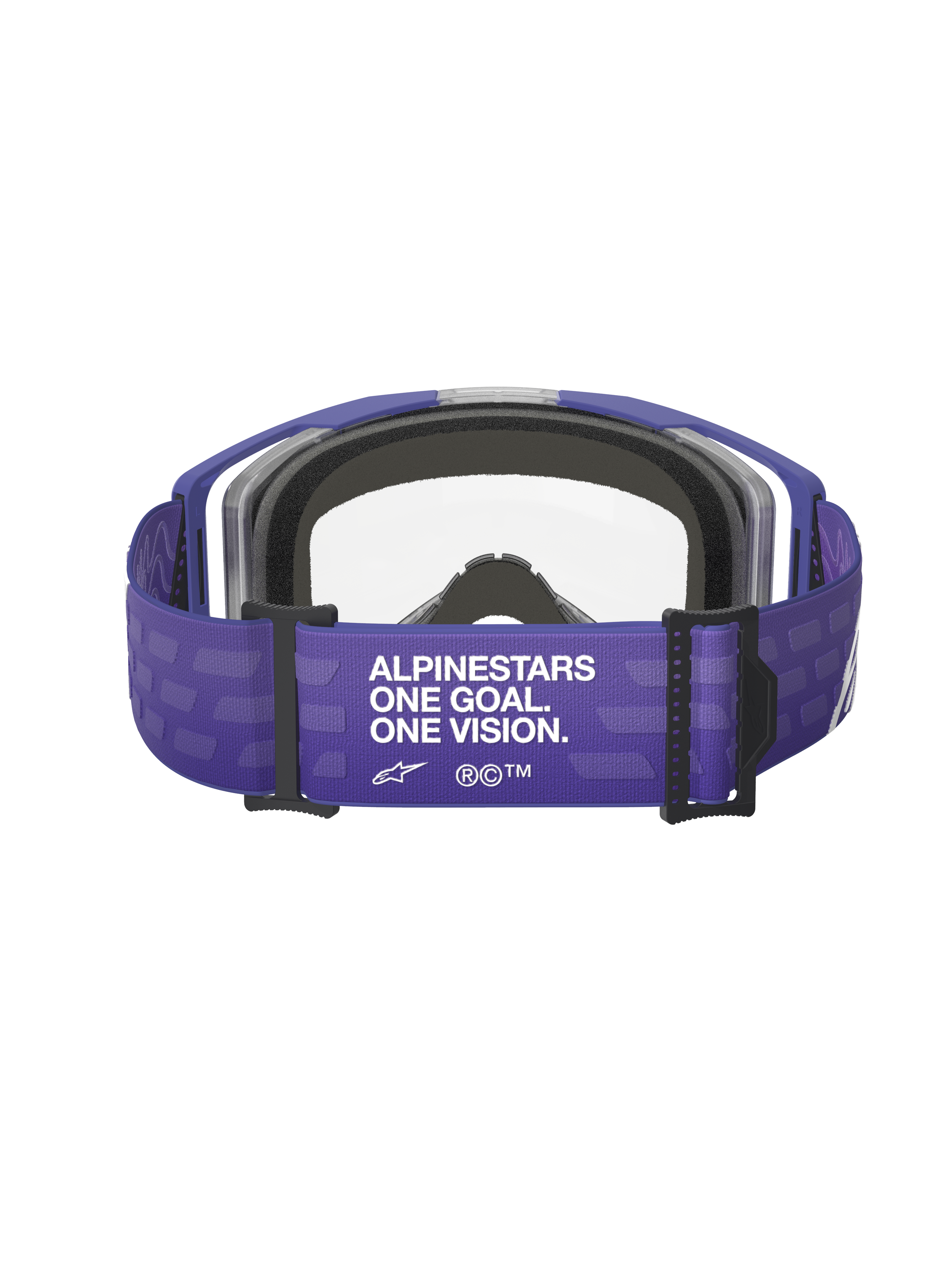 Alpinestars Vision 8 Corp Goggles, motocrossbril, Purple Clear, achteraanzicht met paarse band voorzien van 'ALPINESTARS ONE GOAL. ONE VISION.' branding, heldere lens en zwarte schuimvulling, off-road race-uitrusting