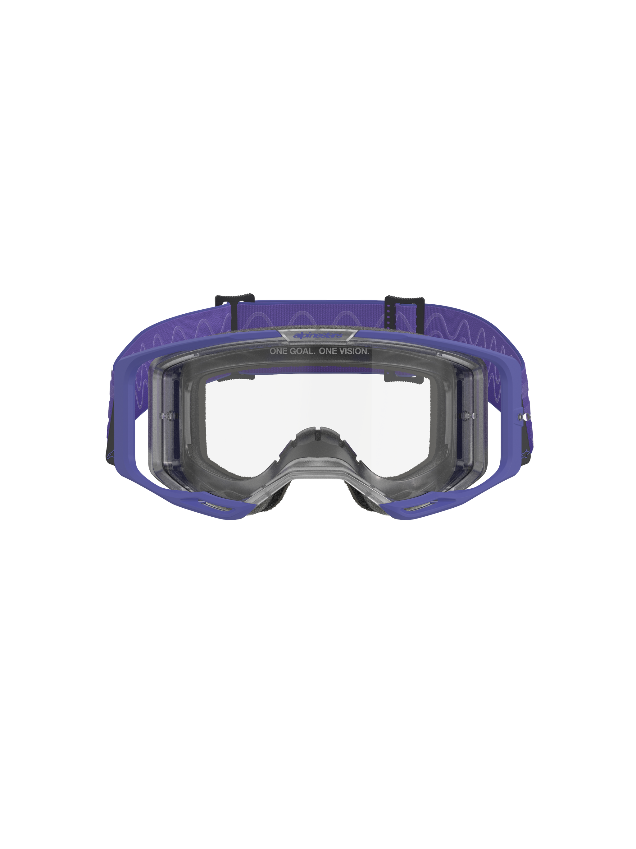 Alpinestars Vision 8 Corp Goggles, Motocross Goggles, Purple and Clear, featuring a purple A-FLEX frame, clear anti-fog lens, and a wide purple woven strap with wave pattern, high-performance eye protection for off-road racing