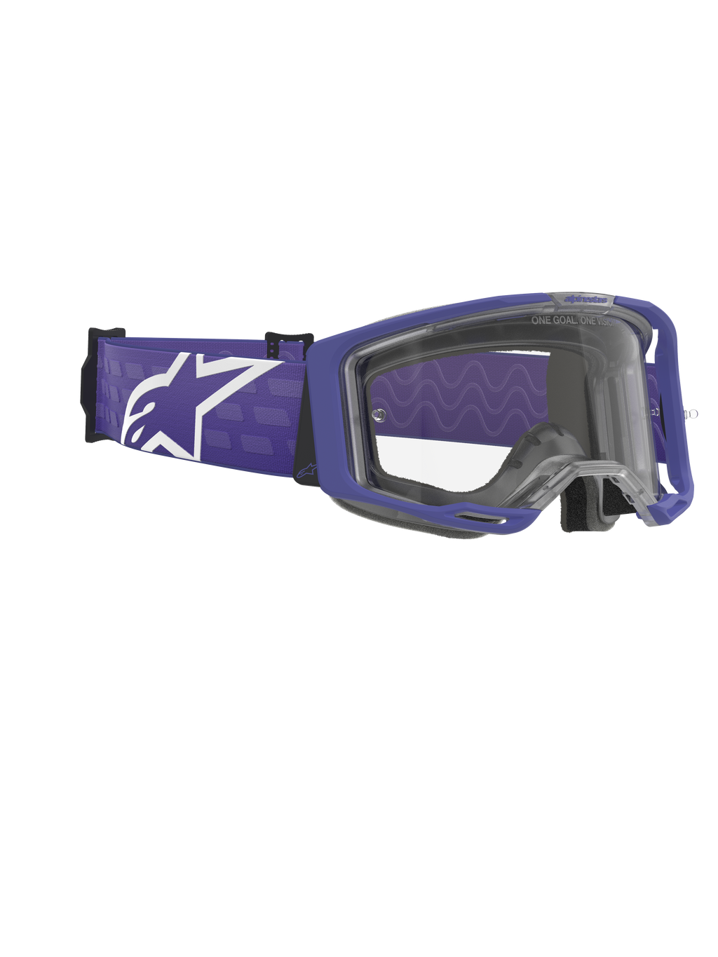 Alpinestars Vision 8 Corp Goggles, motorcrossbril, paars en helder, mat paars frame met een heldere lens, brede paarse geweven band voorzien van een groot wit Alpinestars-logo, hoogwaardige off-road oogbescherming