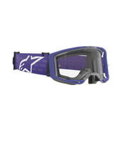 Alpinestars Vision 8 Corp Goggles, Motocross Goggles, Purple and Clear, matte purple frame with a clear lens, wide purple woven strap featuring a large white Alpinestars logo, high-performance off-road eyewear