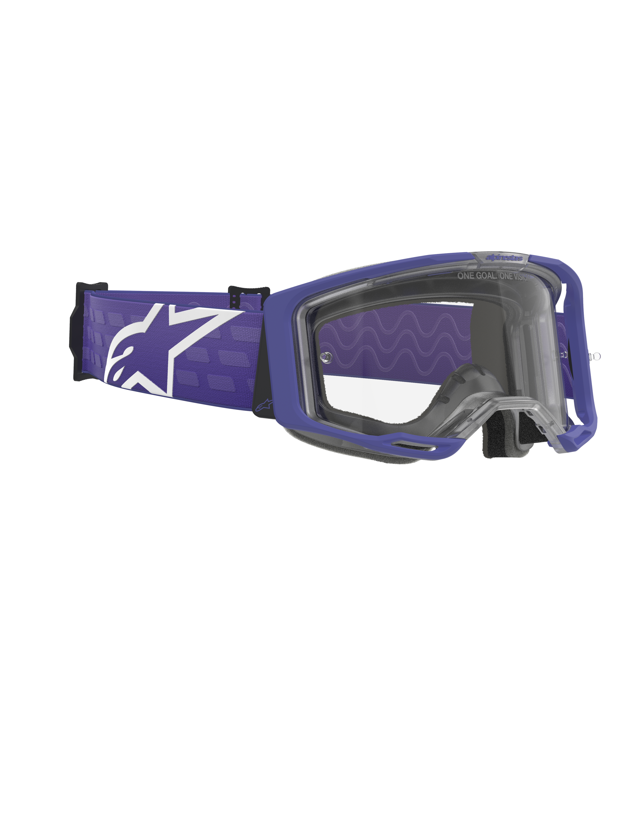 Alpinestars Vision 8 Corp Goggles, Motocross Goggles, Purple and Clear, matte purple frame with a clear lens, wide purple woven strap featuring a large white Alpinestars logo, high-performance off-road eyewear