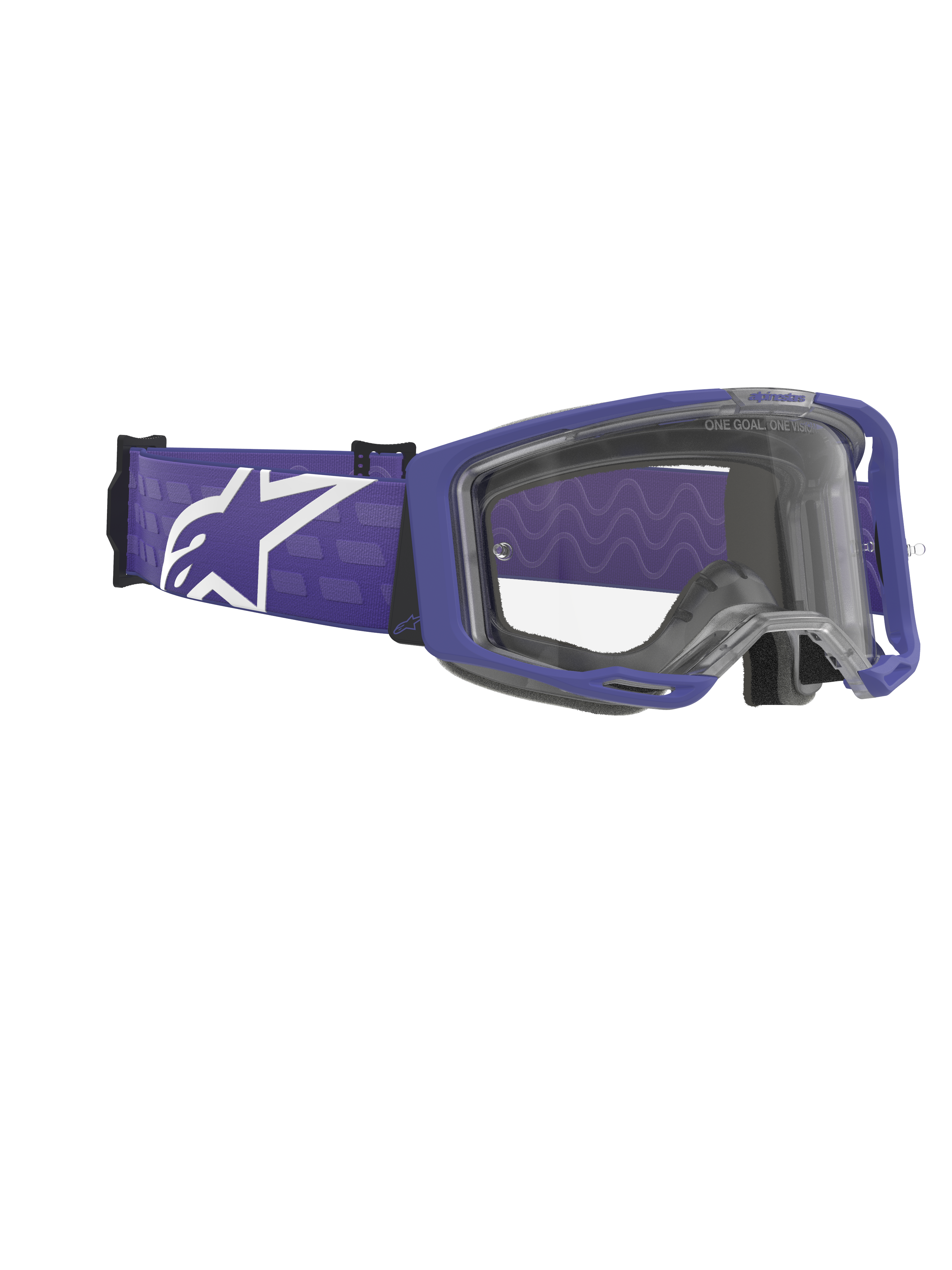 Alpinestars Vision 8 Corp Goggles, motorcrossbril, paars en helder, mat paars frame met een heldere lens, brede paarse geweven band voorzien van een groot wit Alpinestars-logo, hoogwaardige off-road oogbescherming