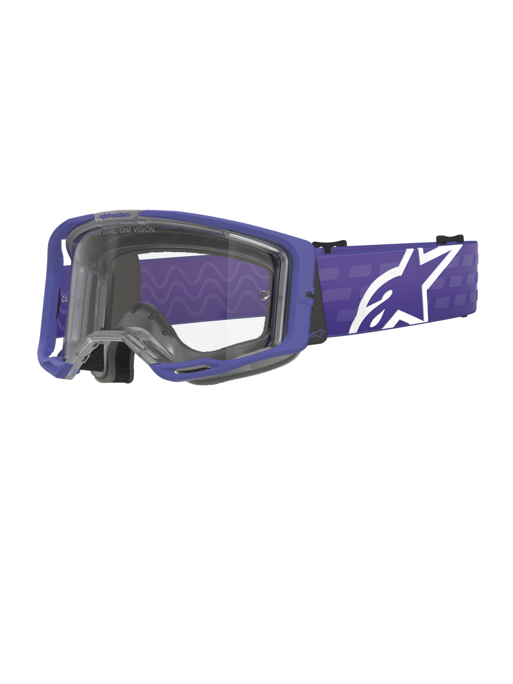 Alpinestars Vision 8 Corp Goggles, motocrossbril, paars en helder, met een paars A-FLEX frame en heldere lens, paarse band met groot wit sterlogo, breed gezichtsveld, ontworpen voor off-road raceprestaties