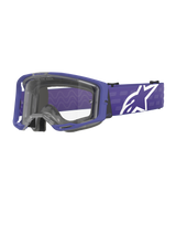 Alpinestars Vision 8 Corp Goggles, Motocross Goggles, Purple and Clear, featuring a purple A-FLEX frame and clear lens, purple strap with large white star logo, wide field of view, designed for off-road racing performance