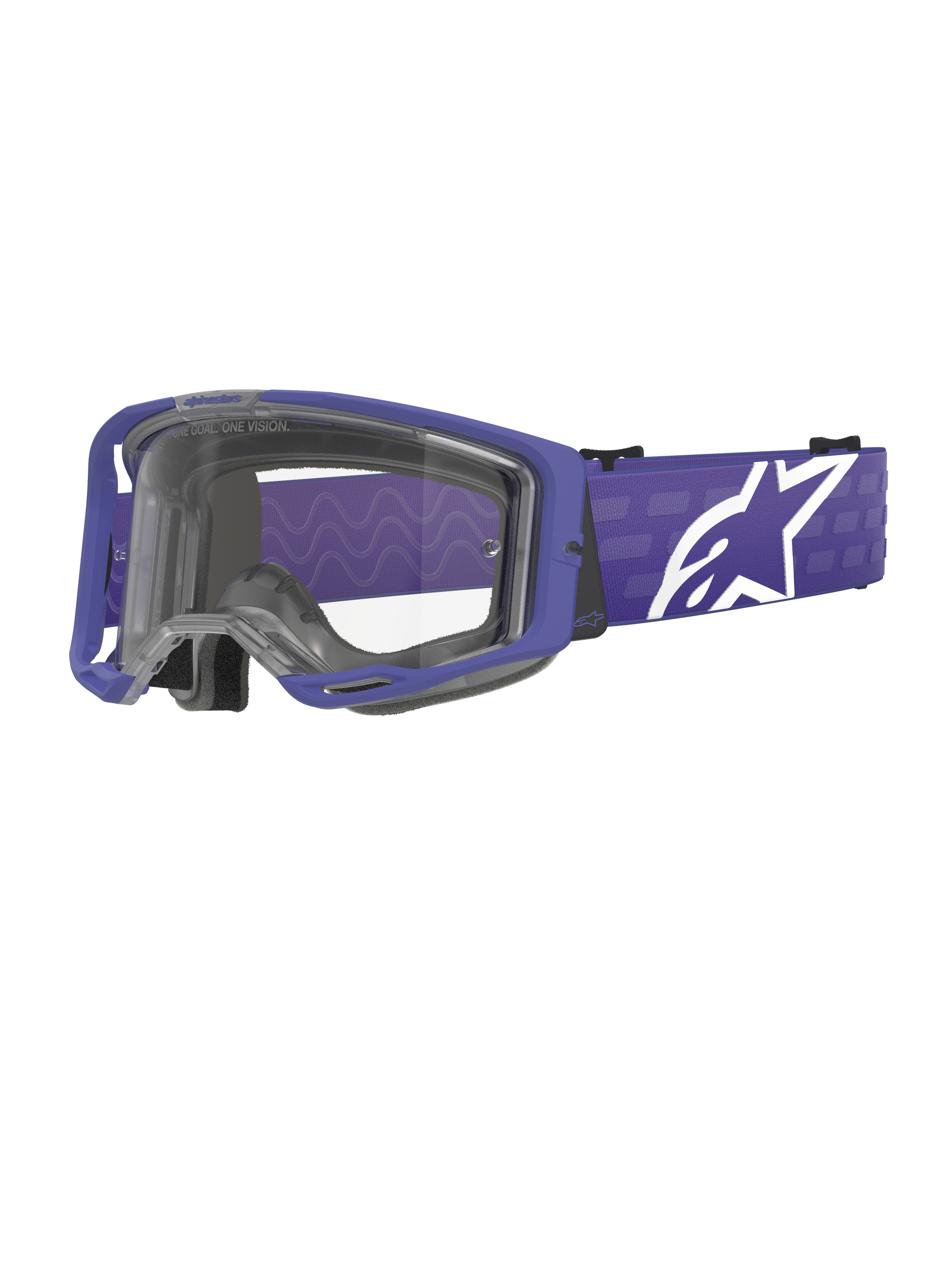 Alpinestars Vision 8 Corp Goggles, Motocross Goggles, Purple and Clear, featuring a purple A-FLEX frame and clear lens, purple strap with large white star logo, wide field of view, designed for off-road racing performance