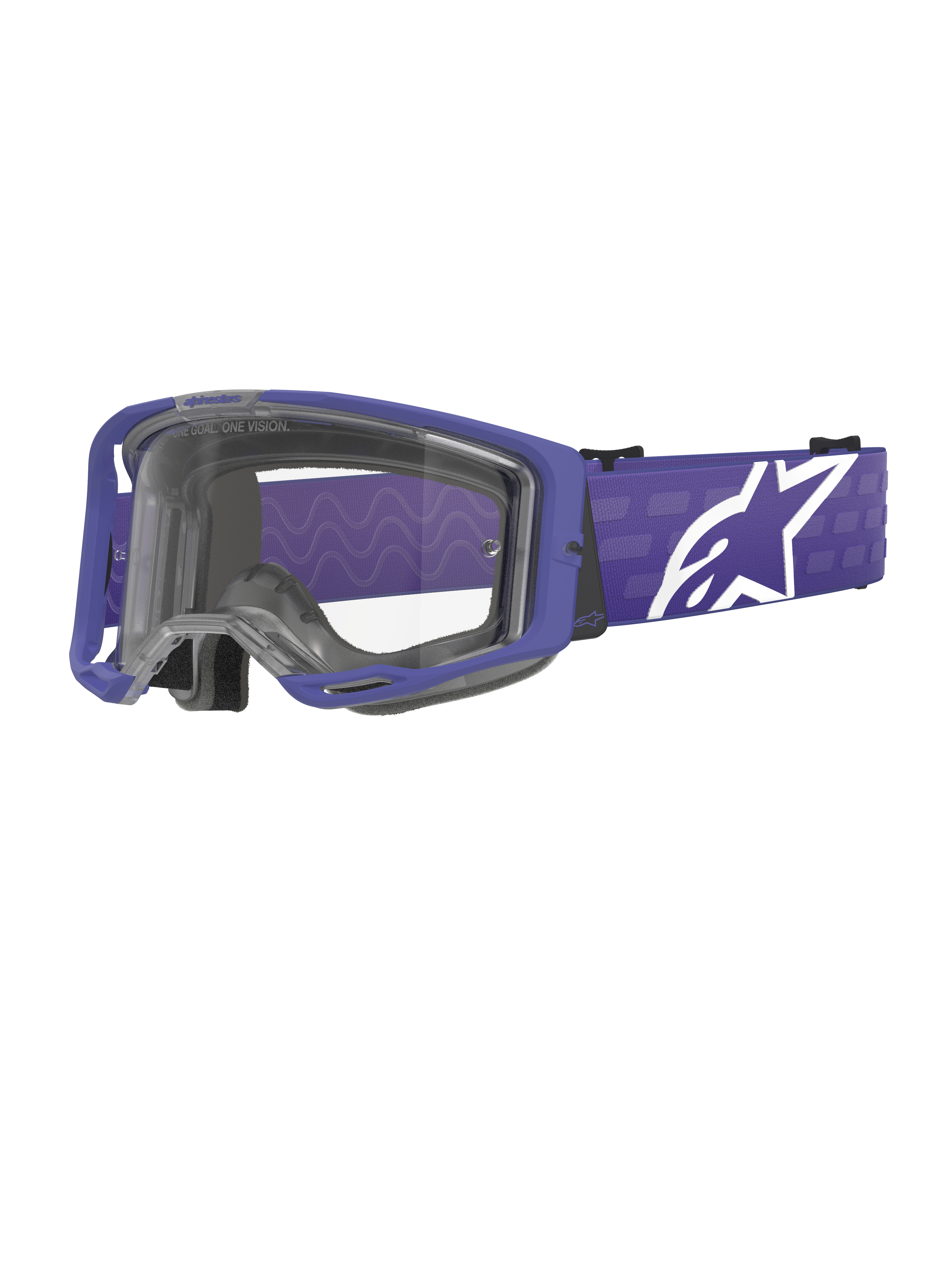 Alpinestars Vision 8 Corp Goggles, motocrossbril, paars en helder, met een paars A-FLEX frame en heldere lens, paarse band met groot wit sterlogo, breed gezichtsveld, ontworpen voor off-road raceprestaties