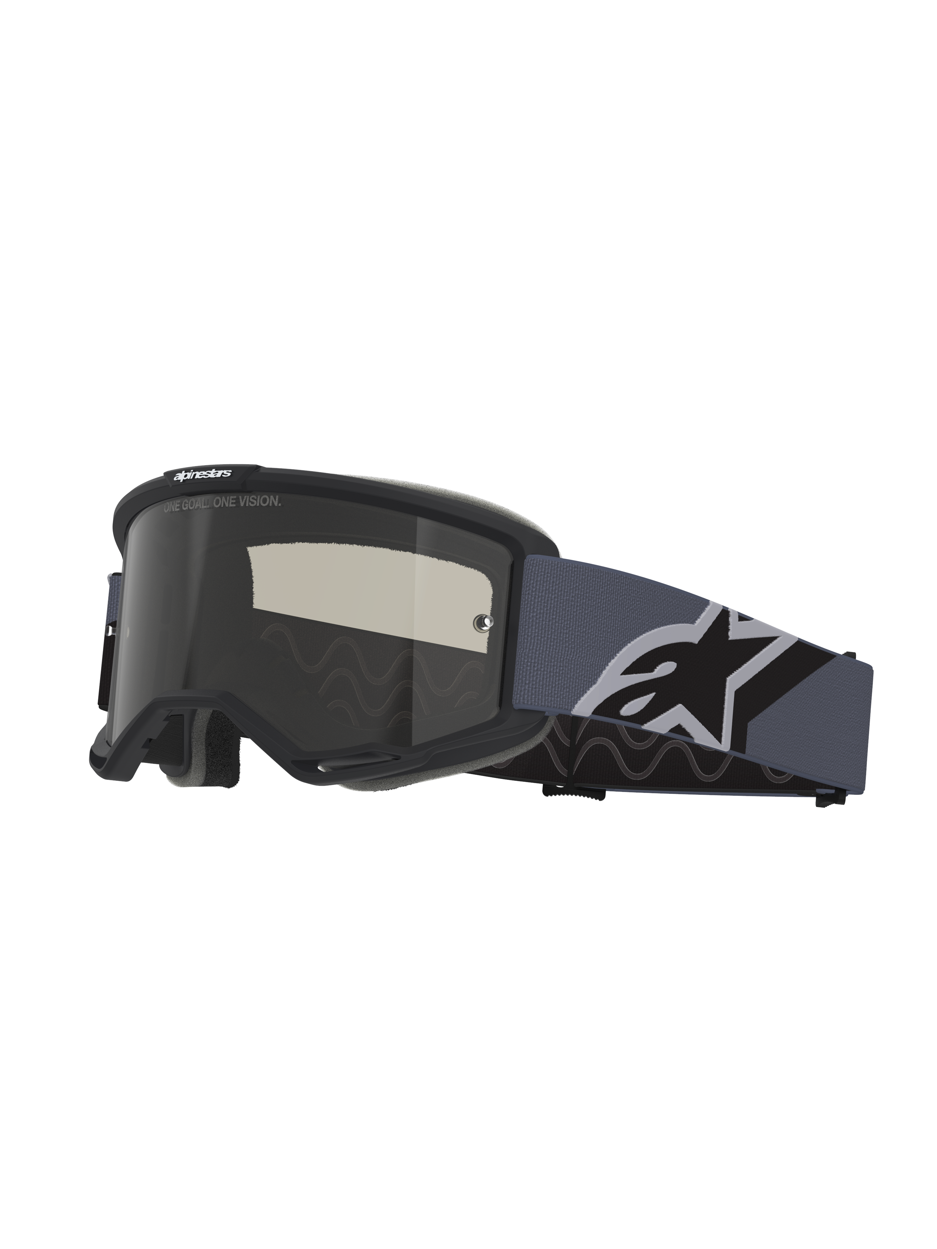 Alpinestars Vision Sand Goggles, motorcrossbril, zwart en grijs frame met Dark Smoke-lens, brede blauwgrijze band met een groot zwart-wit Alpinestars-logo, beschermende eyewear voor off-road- en woestijnritten