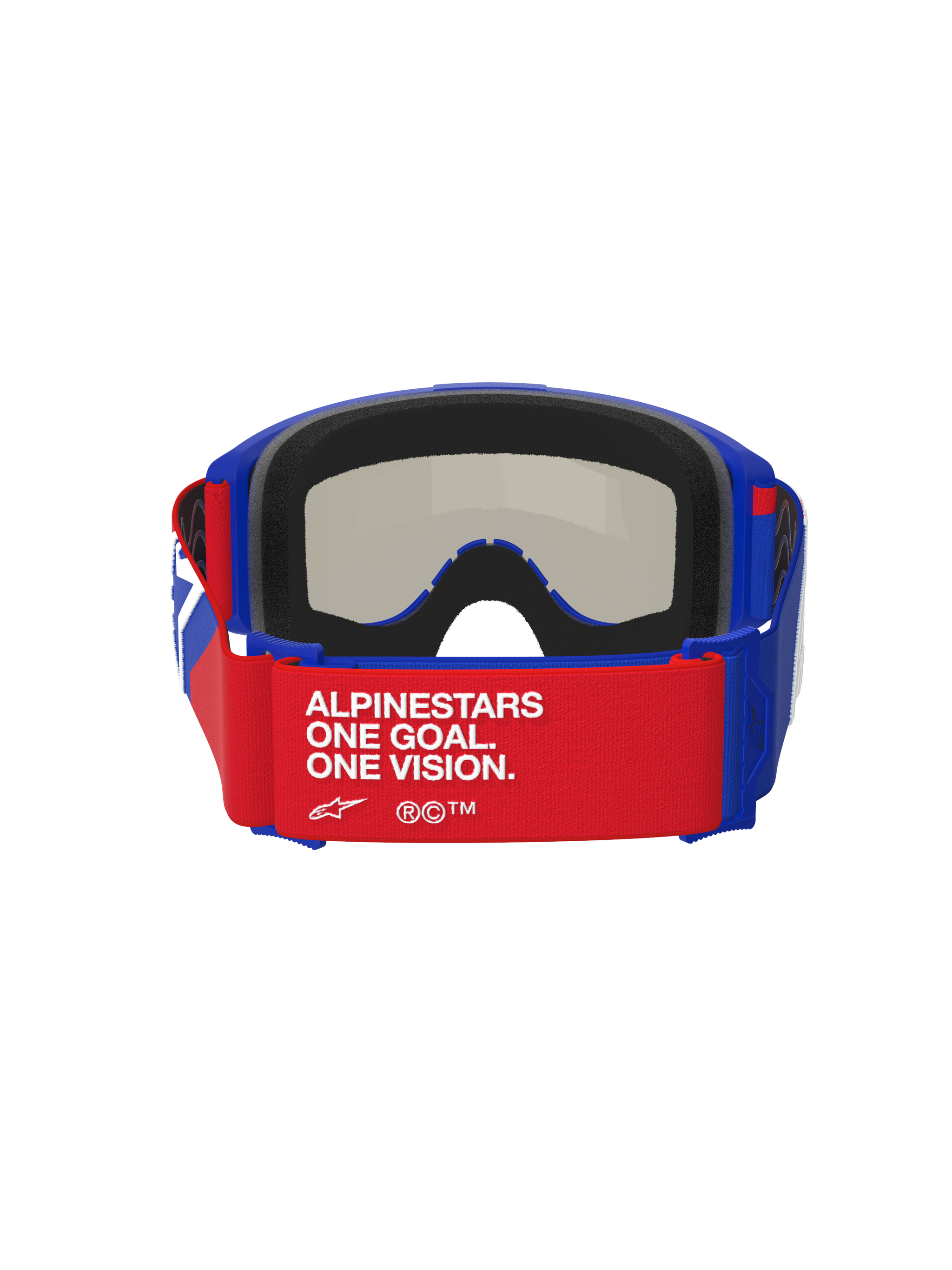 Alpinestars Vision Sand motorcrossbril, blauw, rood en wit, achteraanzicht met een rode band met witte 'ALPINESTARS ONE GOAL. ONE VISION.' tekst, blauw frame met dikke zwarte schuimvulling, donkere rooklens zichtbaar vanaf de binnenkant, hoogwaardige motorcrossbril