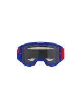 Alpinestars Vision Sand Goggles, blauw frame met rode en witte accenten op de band, Dark Smoke getinte lens, voorzien van de slogan 'ONE GOAL. ONE VISION.' aan de bovenkant, hoogwaardige motorcrossbril ontworpen voor bescherming in de woestijn en off-road