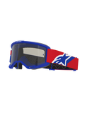 Alpinestars Vision Sand Goggles, Motocross Goggles, Blue frame with Dark Smoke lens, Red strap with Blue and White logo, off-road eye protection with specialized vent foam for desert riding