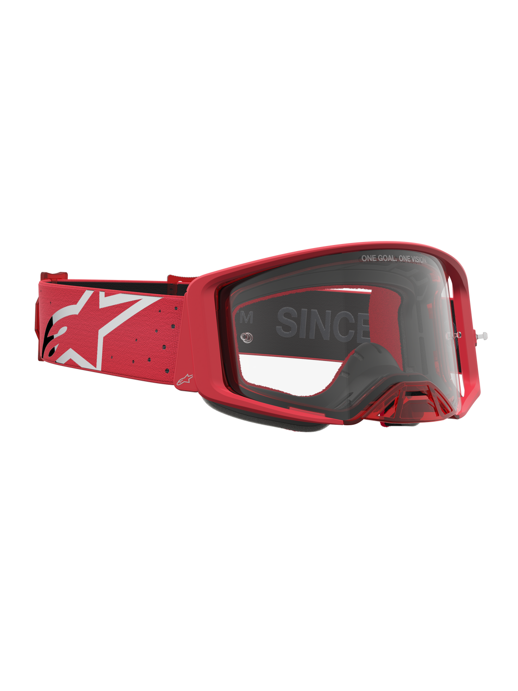 Alpinestars Supertech Vesta veiligheidsbril voor motocross racing, rood en wit, met heldere lens en logo-band.