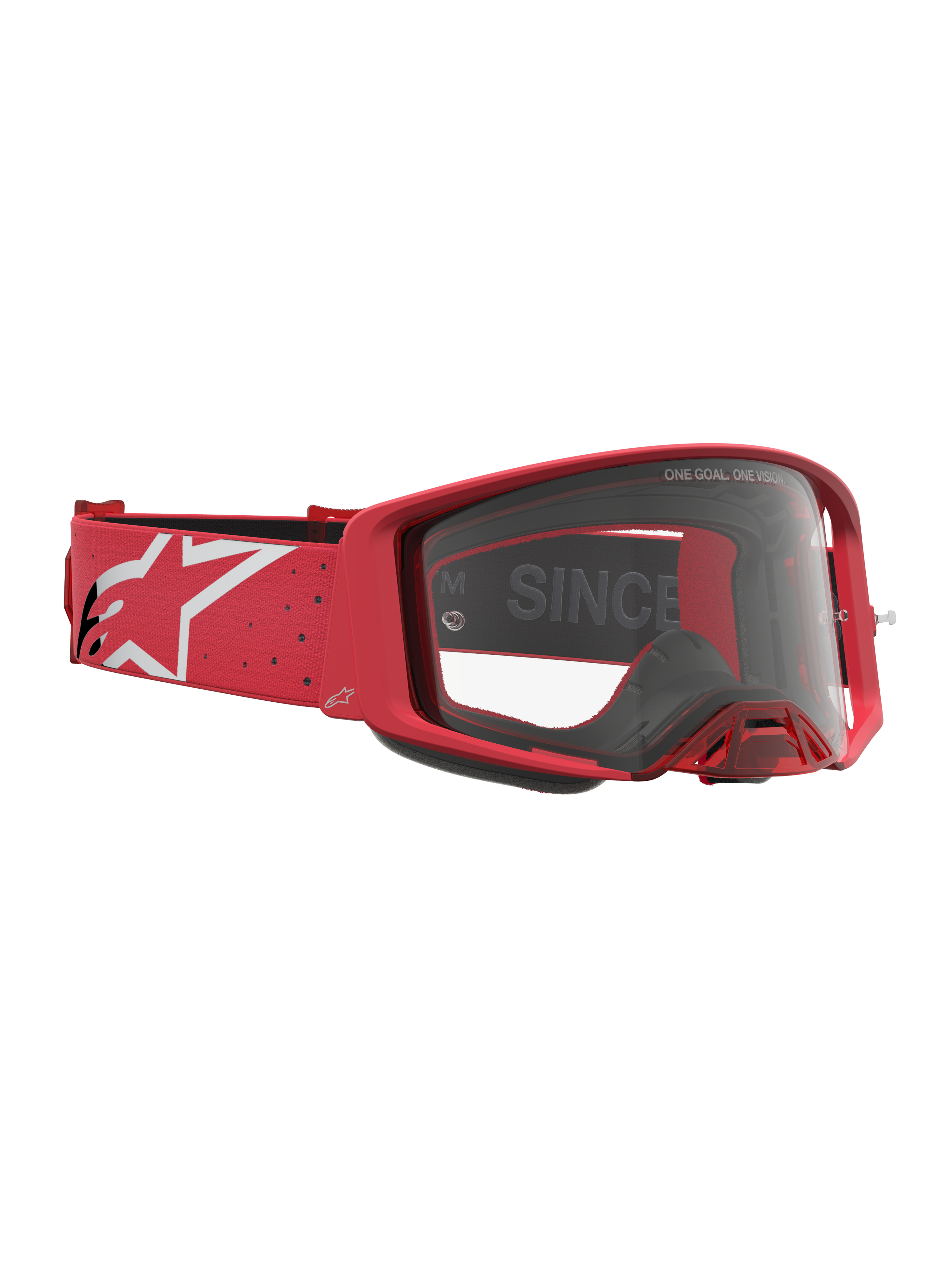 Alpinestars Supertech Vesta veiligheidsbril voor motocross racing, rood en wit, met heldere lens en logo-band.