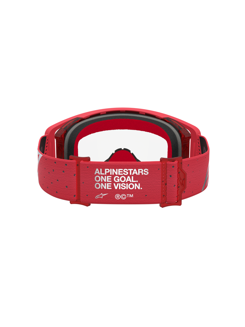 Alpinestars Supertech Vesta veiligheidsbril, rode motocrossbril, achteraanzicht met One Goal One Vision-strap.