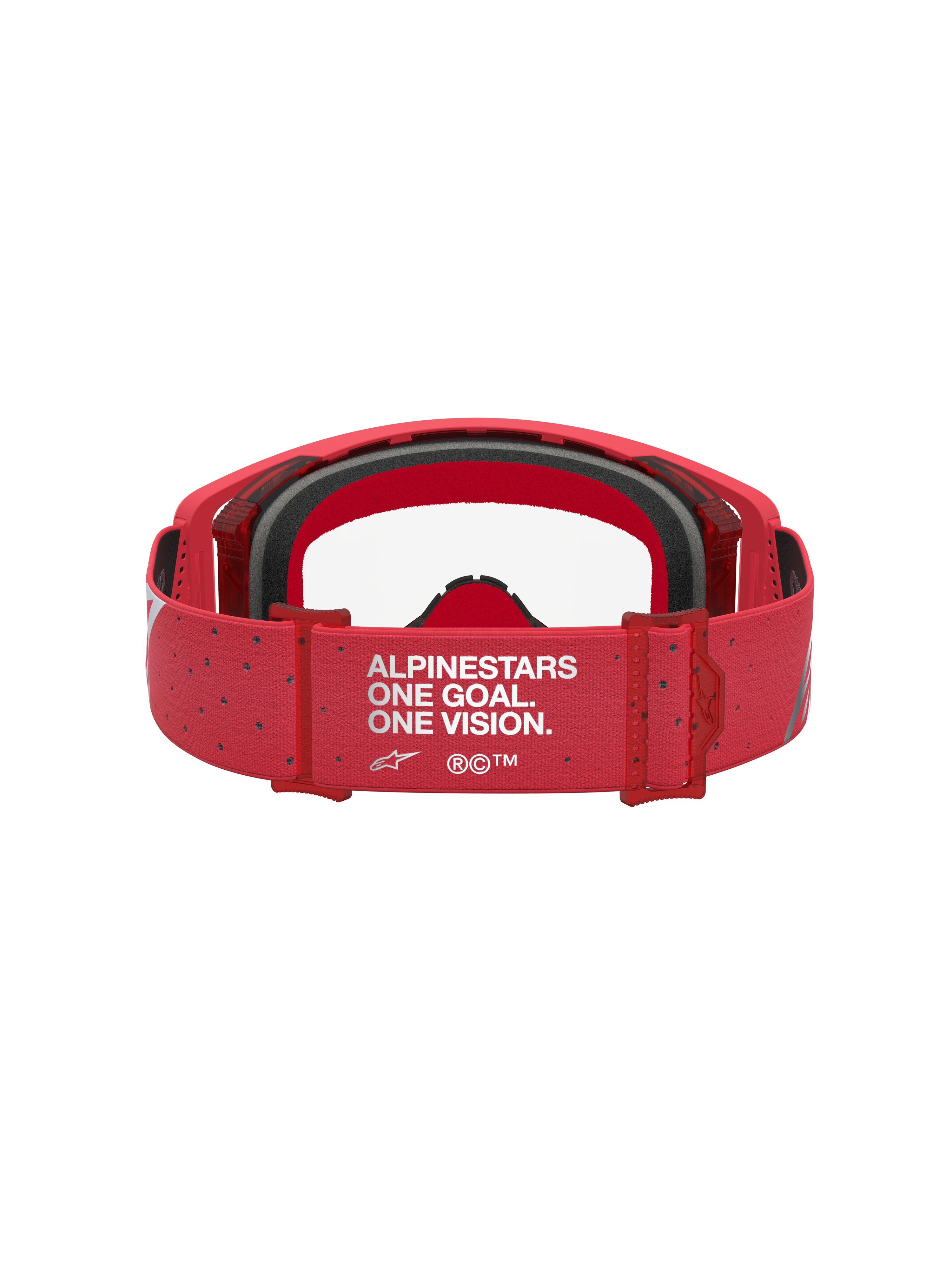 Alpinestars Supertech Vesta veiligheidsbril, rode motocrossbril, achteraanzicht met One Goal One Vision-strap.