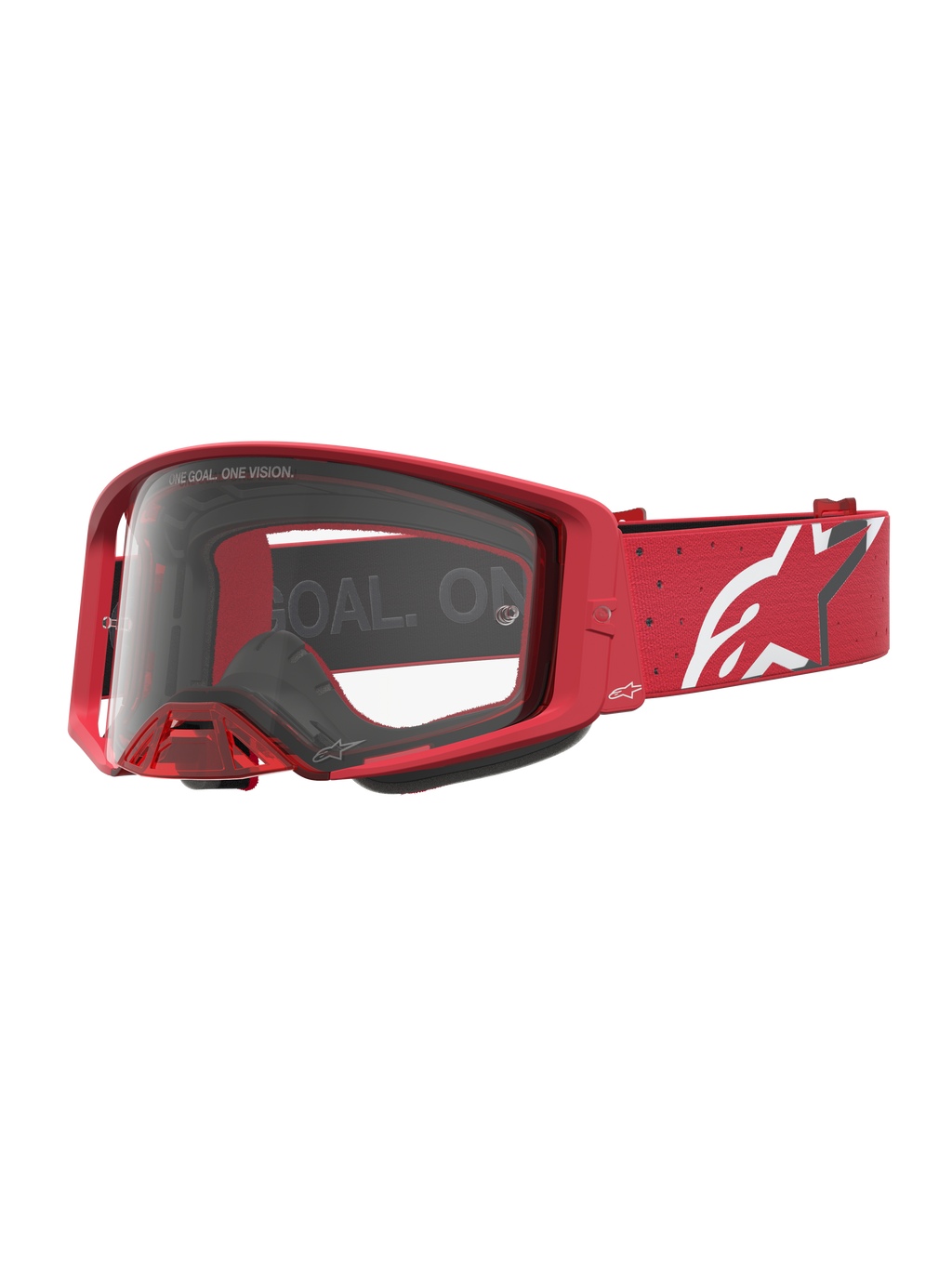 Alpinestars Supertech Vesta veiligheidsbril, rode motorcrossbril met heldere lens en wit ster-logo op de band.
