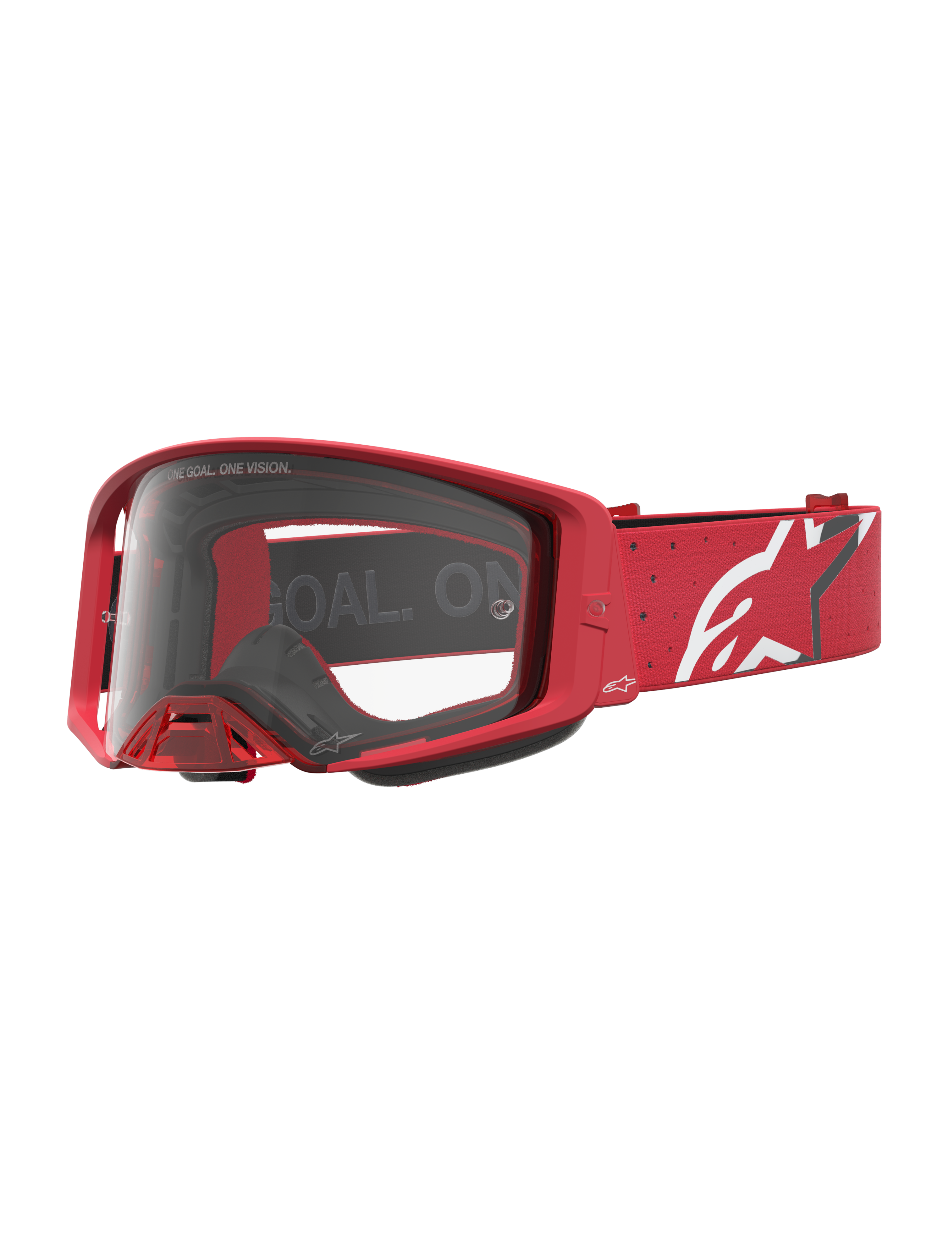 Alpinestars Supertech Vesta veiligheidsbril, rode motorcrossbril met heldere lens en wit ster-logo op de band.