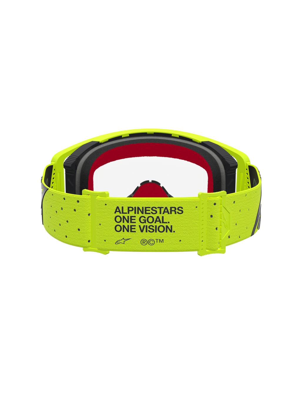 Alpinestars Supertech Vesta veiligheidsbril in fluogeel en zwart met rood schuim, professionele motocrossbril met merkband en motto, off-road oogbescherming