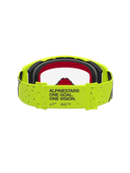 Alpinestars Supertech Vesta veiligheidsbril in fluogeel en zwart met rood schuim, professionele motocrossbril met merkband en motto, off-road oogbescherming