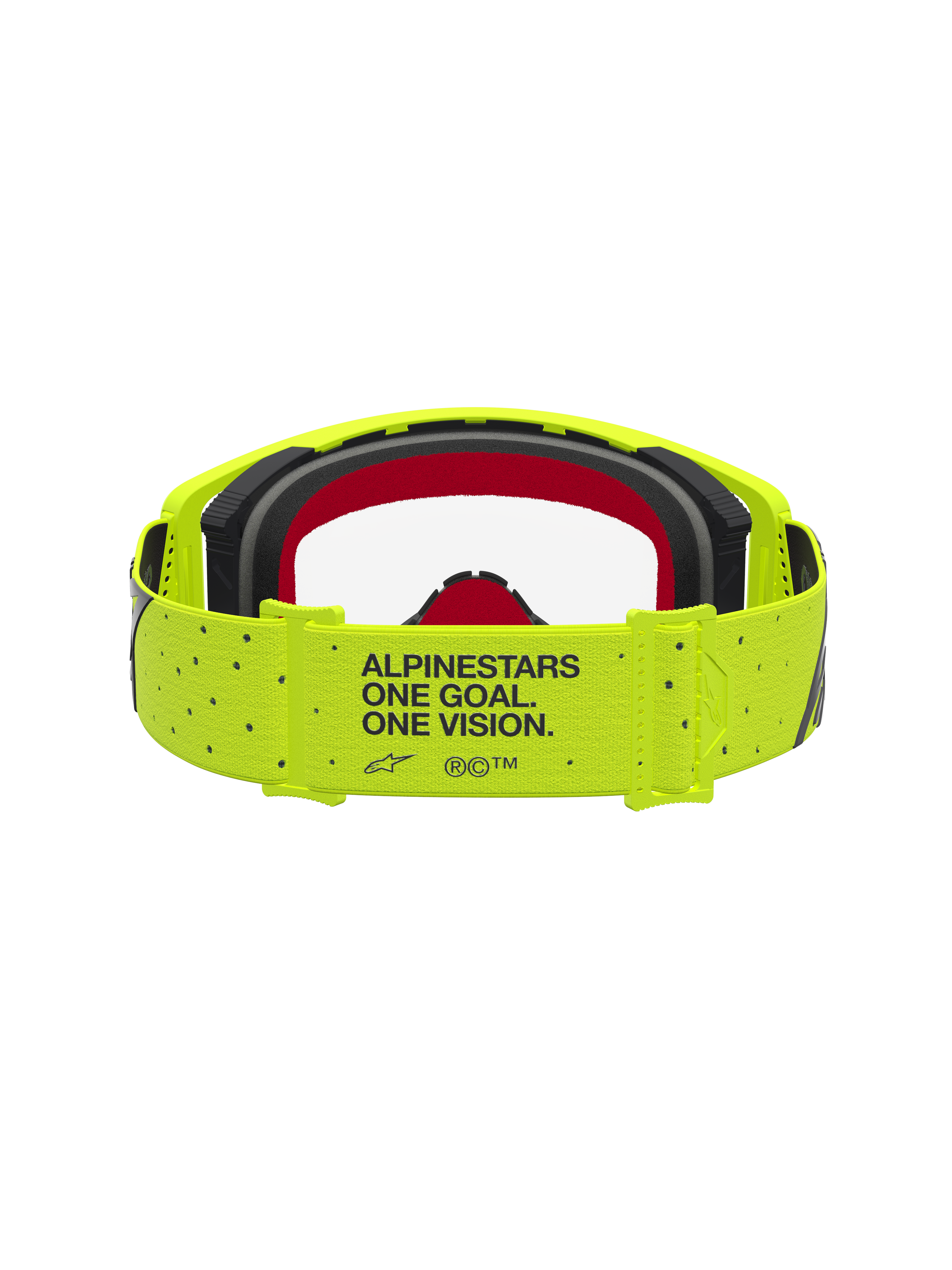 Alpinestars Supertech Vesta veiligheidsbril in fluogeel en zwart met rood schuim, professionele motocrossbril met merkband en motto, off-road oogbescherming