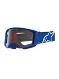 Alpinestars Supertech Vesta veiligheidsbril, blauwe en witte motorcrossbril met heldere polycarbonaat lens en sterlogo.